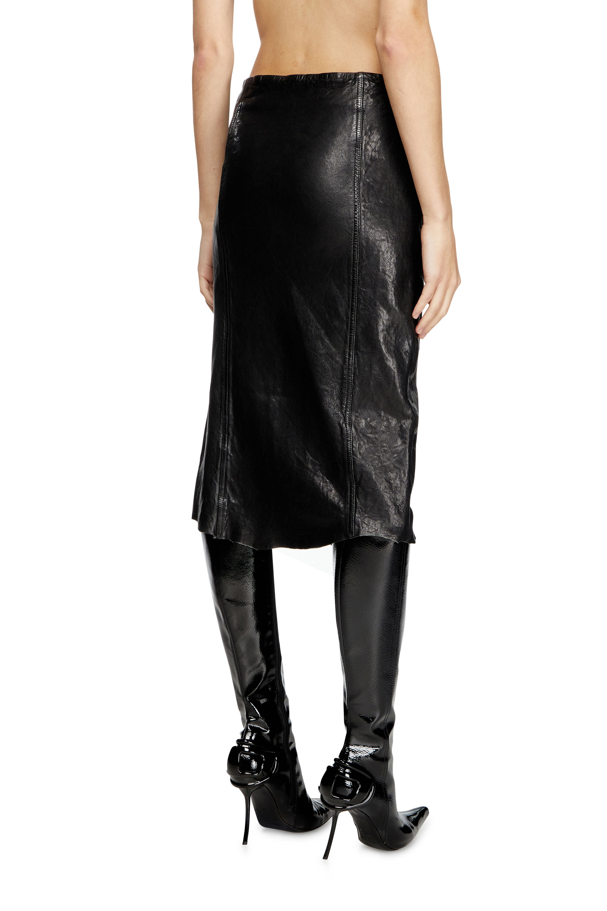 Diesel - L-RUPA, Woman's Midi skirt in shiny wrinkled leather in Black - 4