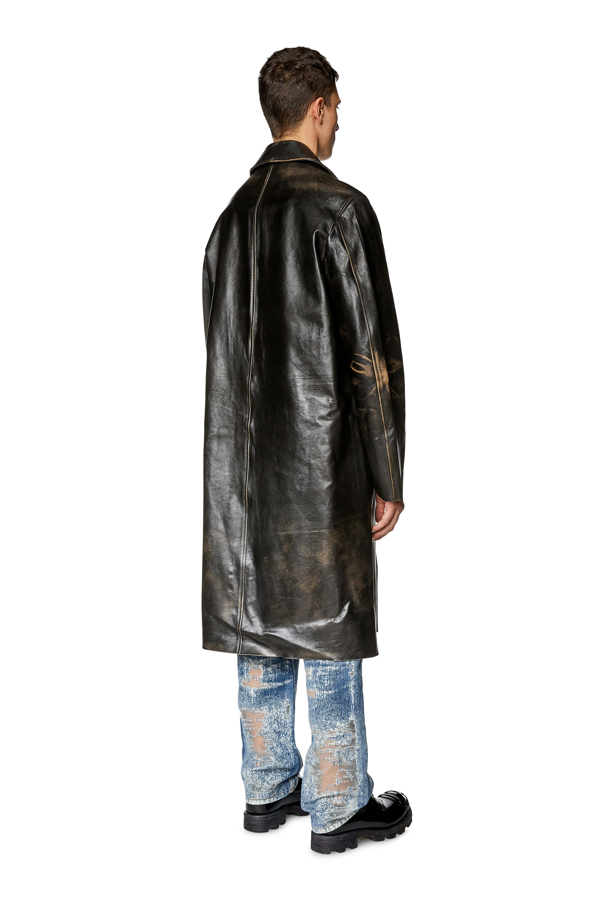 Men s Distressed leather trench coat Brown Diesel