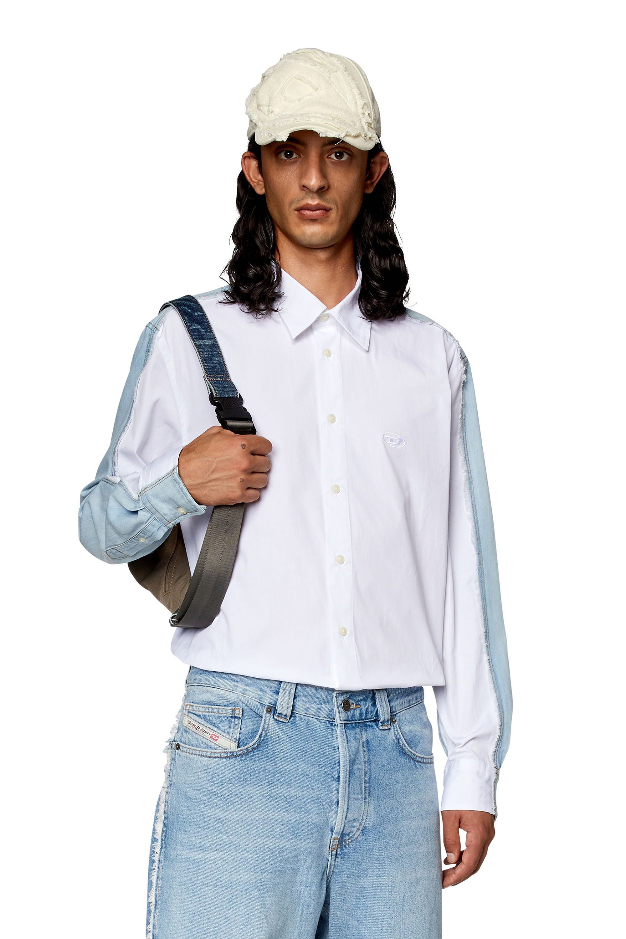 Men's Shirt in poplin and raw-edge denim | White | Diesel