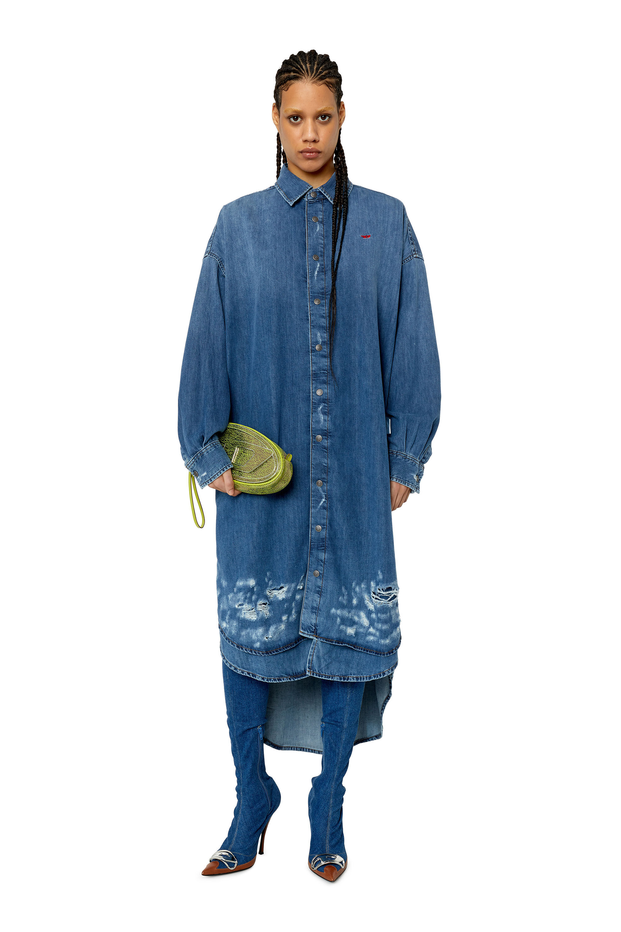 DE-DAVIS-L Woman: Oversized shirt dress in destroyed denim