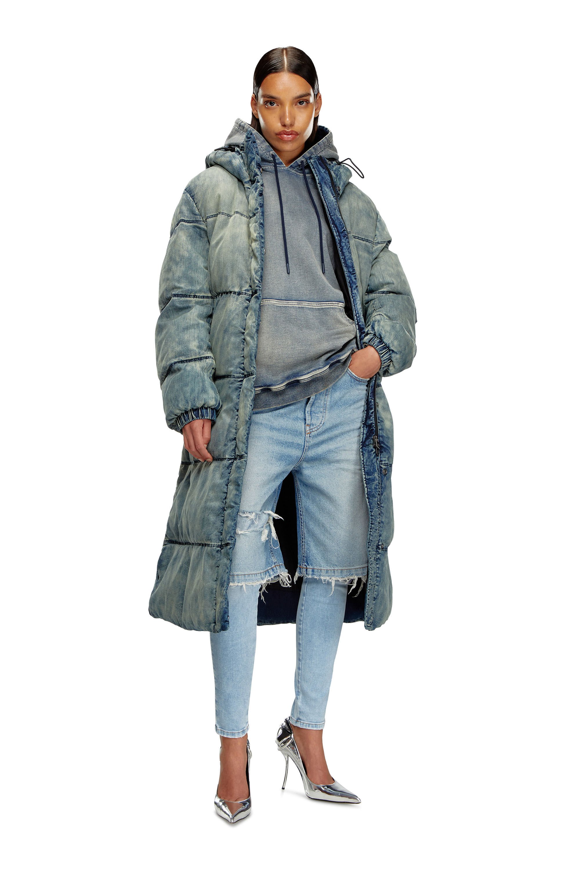 Women's Hooded puffer coat in stretch denim | Blue | Diesel