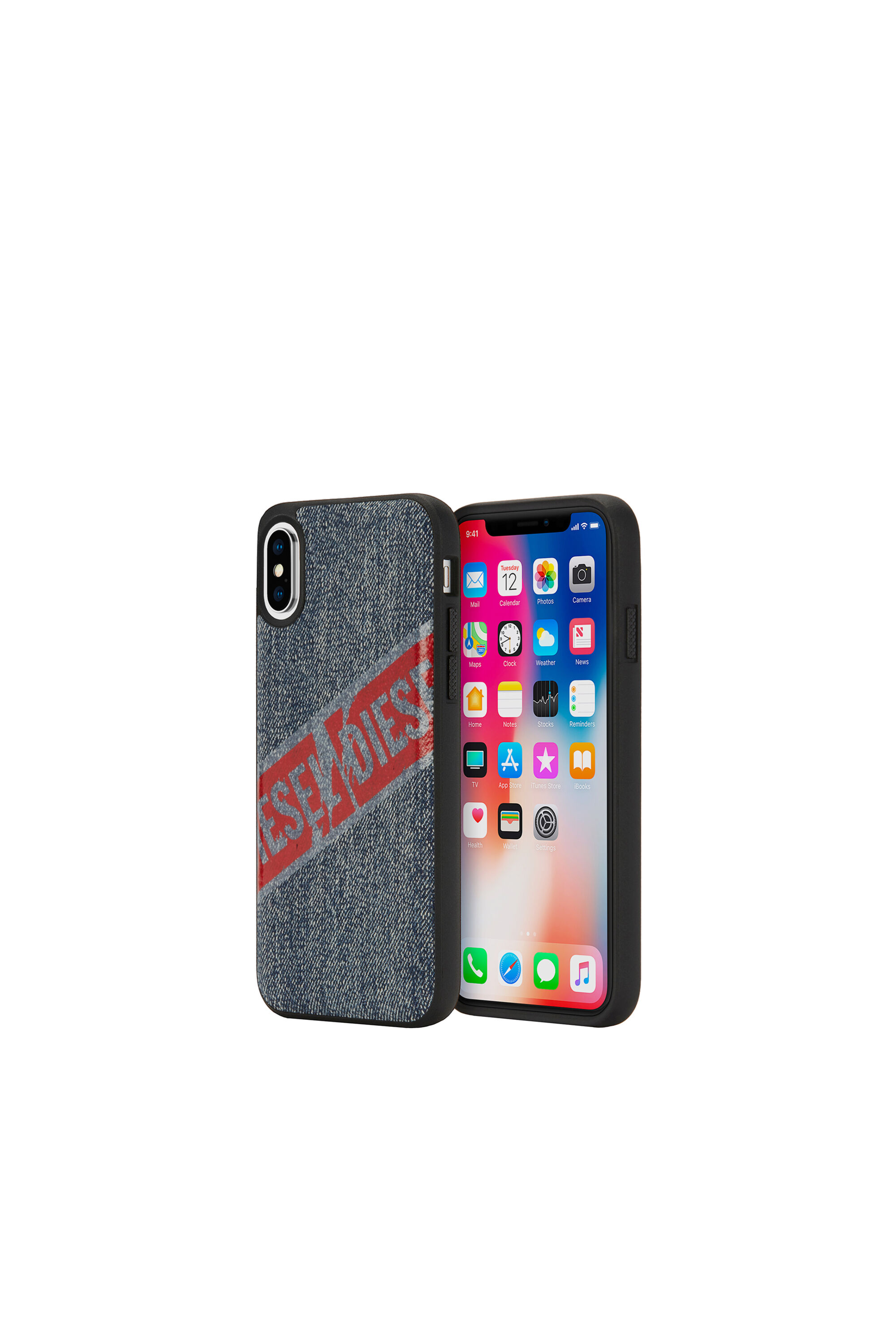 Diesel - VINTAGE DENIM IPHONE X CASE, Funda en denim de efecto vintage con logo rojo para iPhone X Unisex in Azul marino - 1