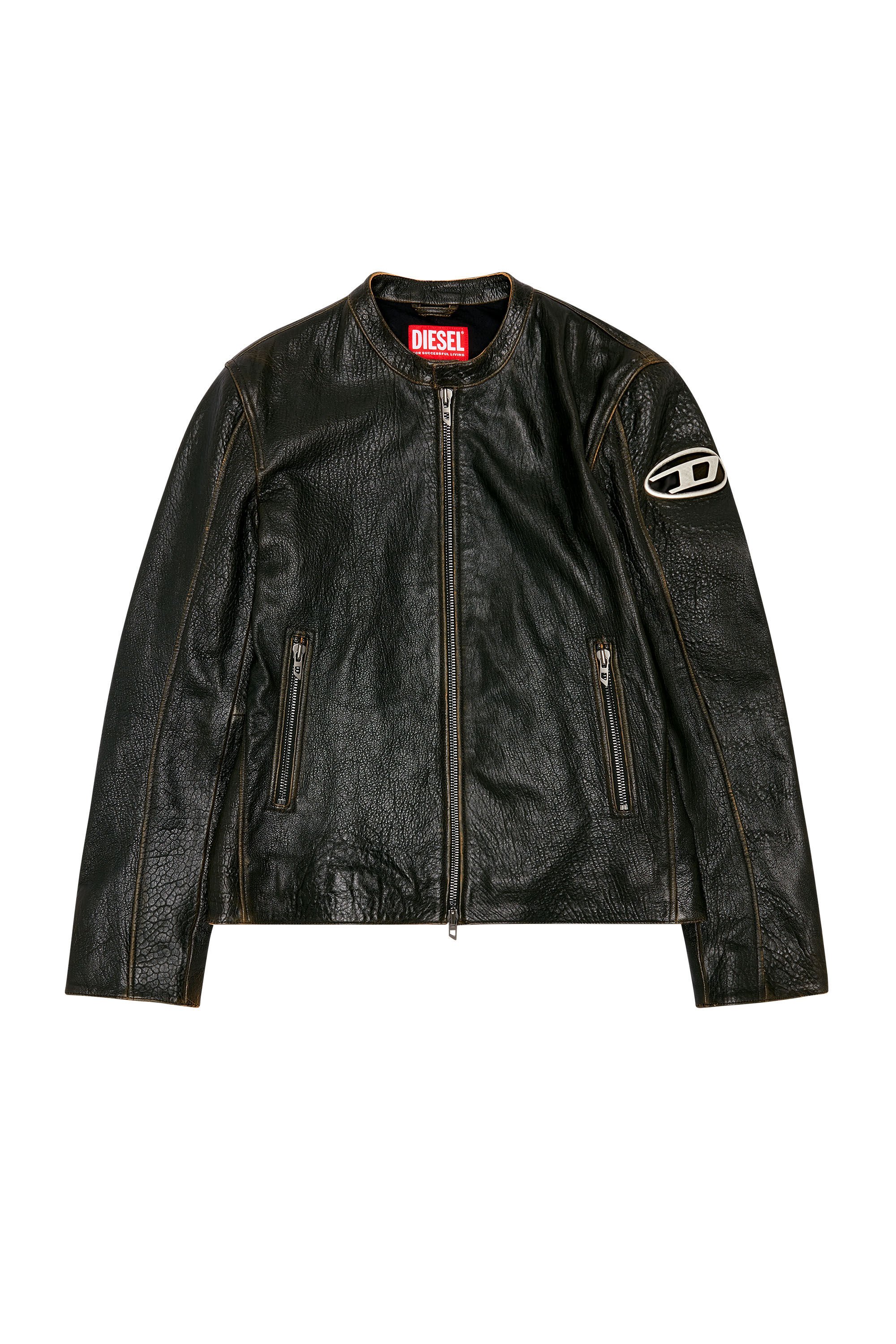 Diesel - L-COBBE, Man Biker jacket in wrinkled leather in Brown - Image 2