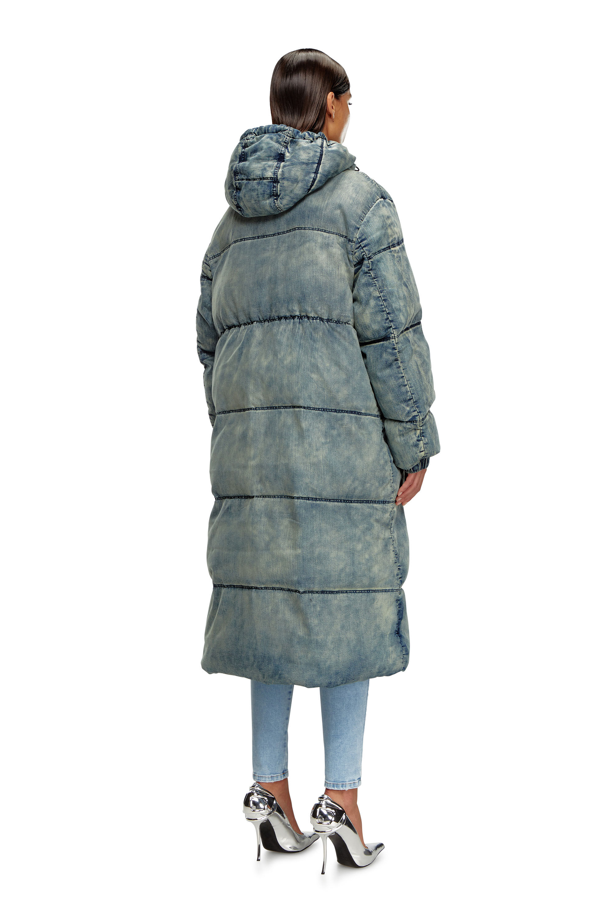 Diesel - W-AVES-LONG, Woman's Hooded puffer coat in stretch denim in Blue - 5