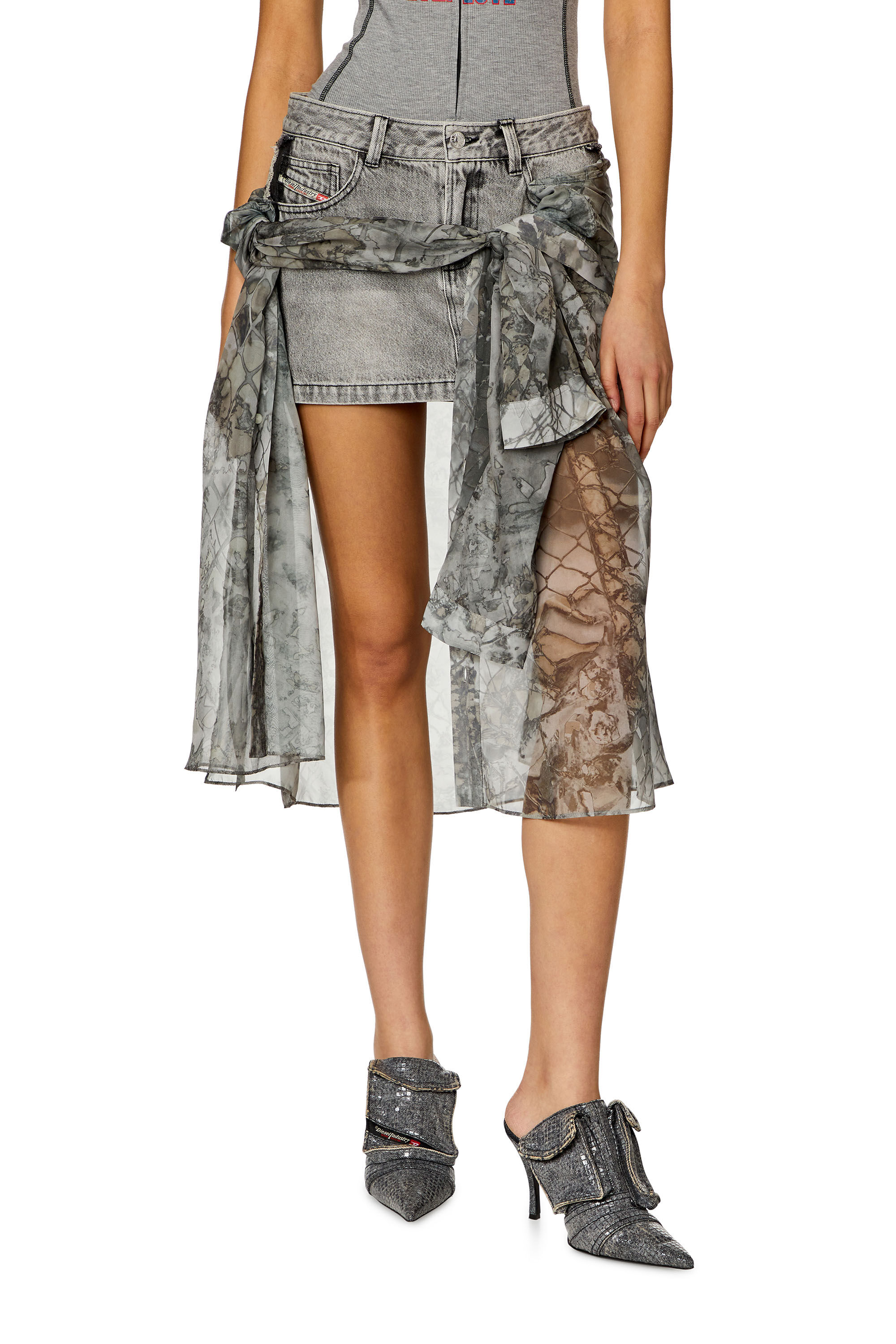Women's Denim mini skirt with chiffon overlay | Grey | Diesel