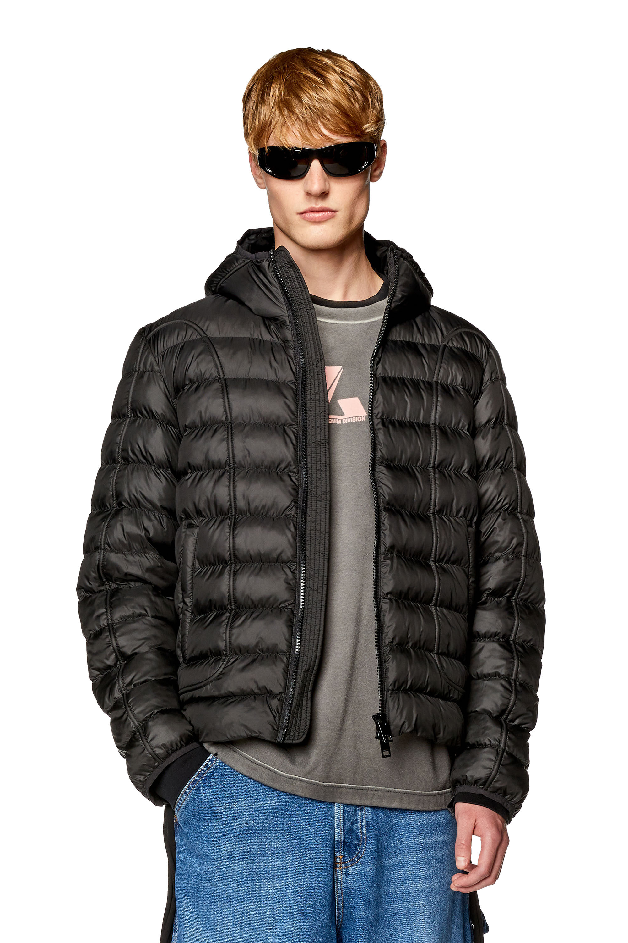 Diesel - W-SCOTTYS, Man's Hooded nylon puffer jacket with piping in Black - 3