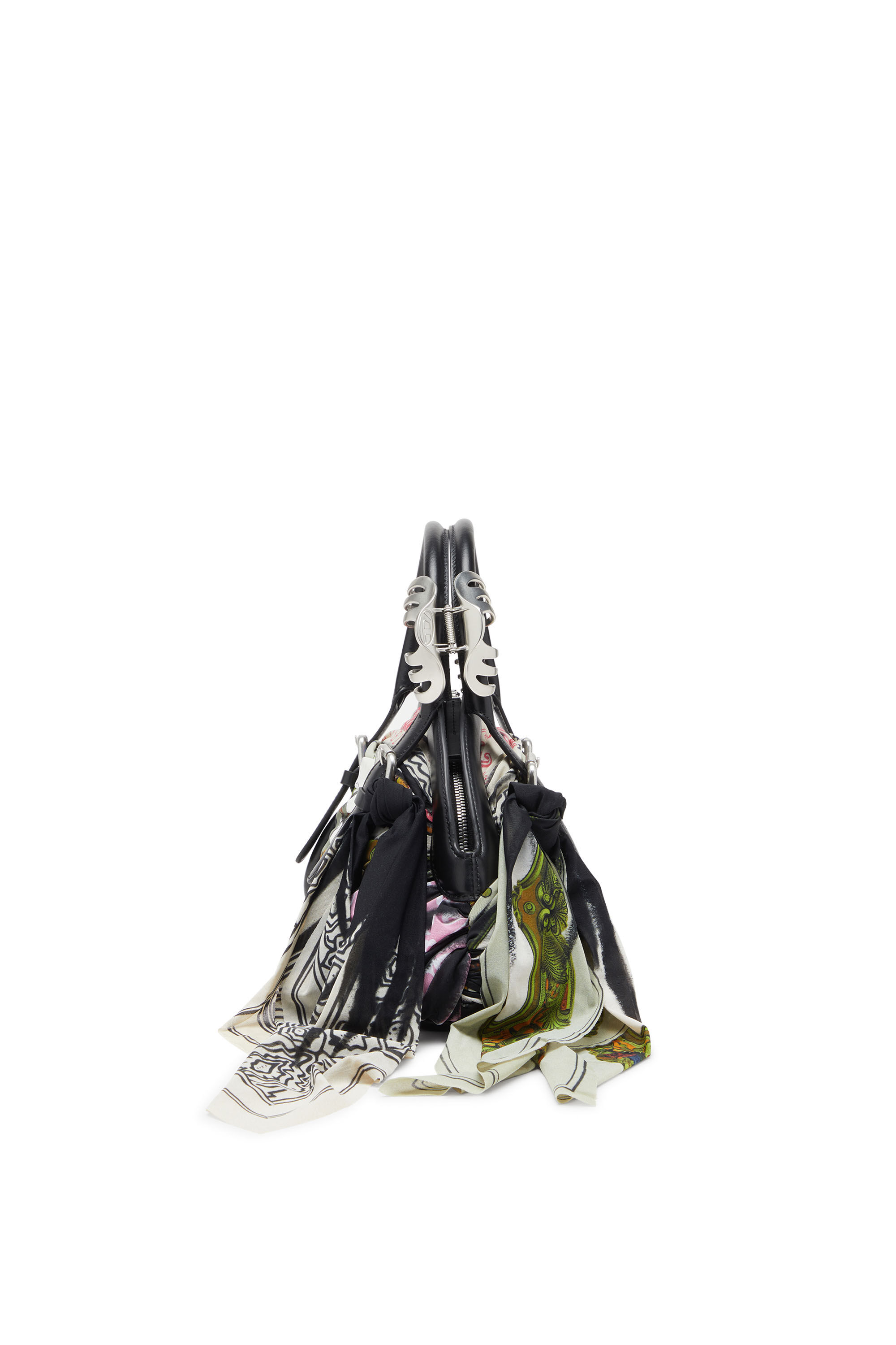 Diesel - TRASH-D TOP HANDLE, Trash-D-Bolso de mano de bandana en cuero y tejido de jersey Mujer in Multicolor - 4