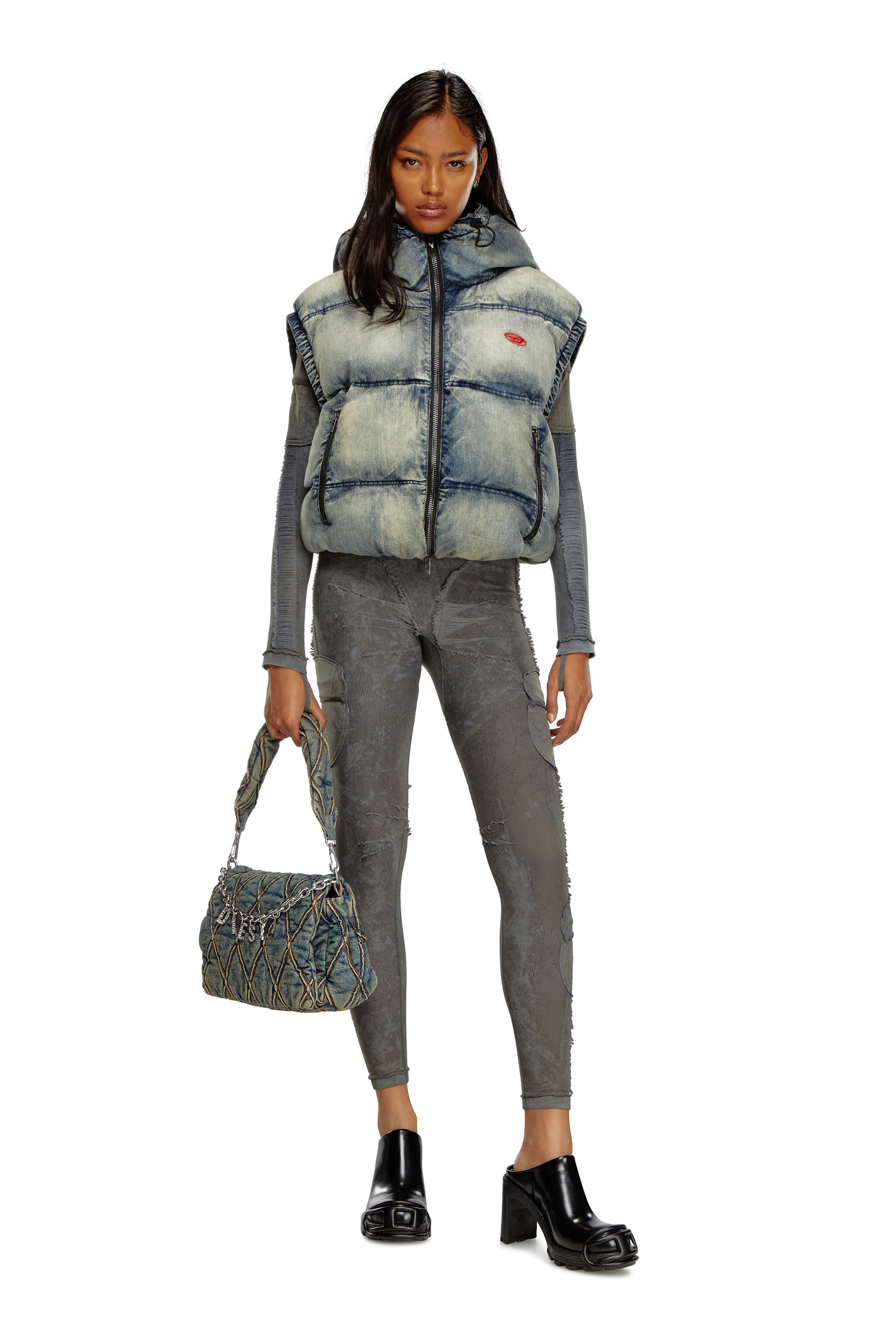 Women s Ribbed leggings with laddering Grey Diesel