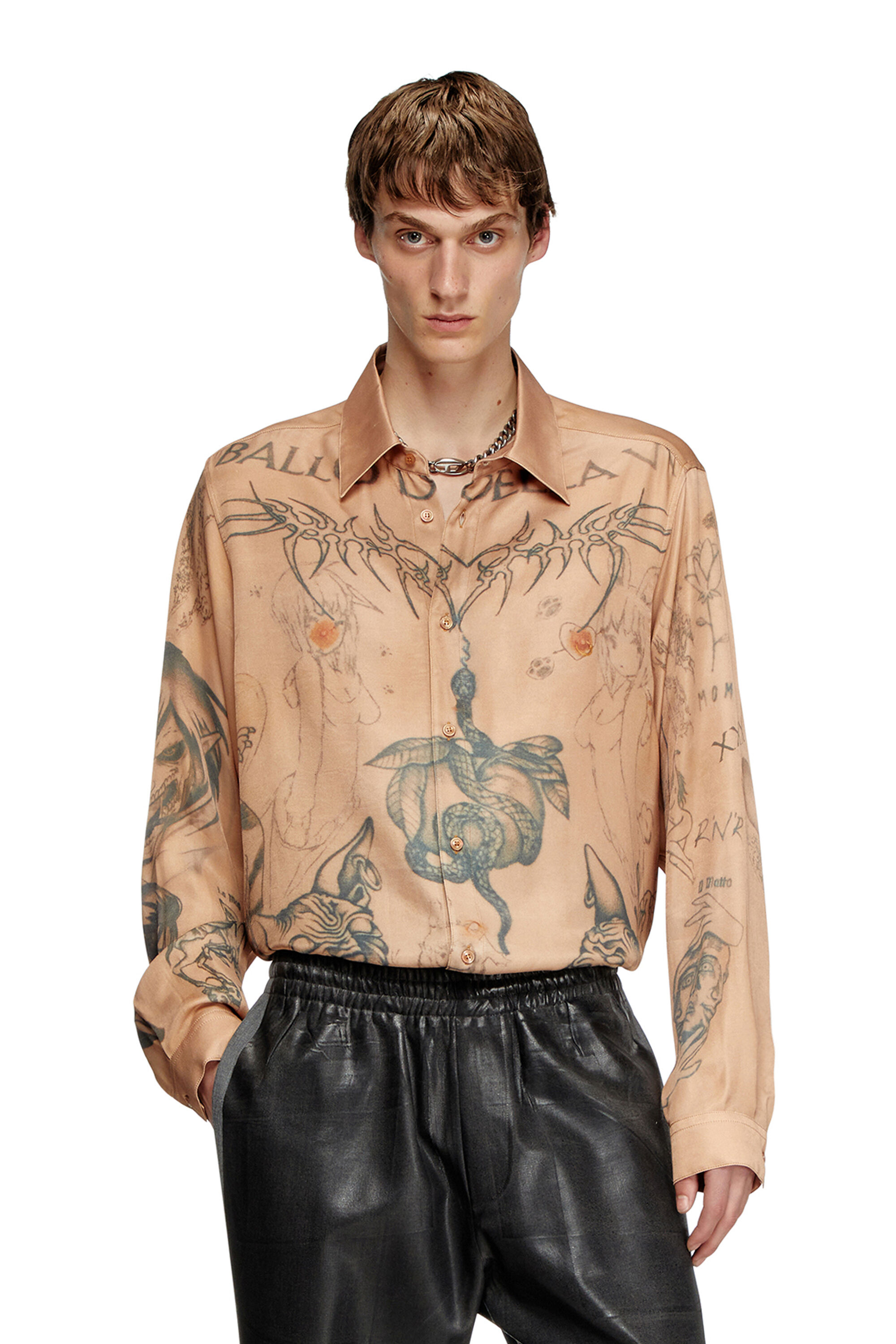 Diesel - S-SIMPLY-TTO-DD, Camisa de satén fluido con estampado de tatuaje Unisex in Beige - 3