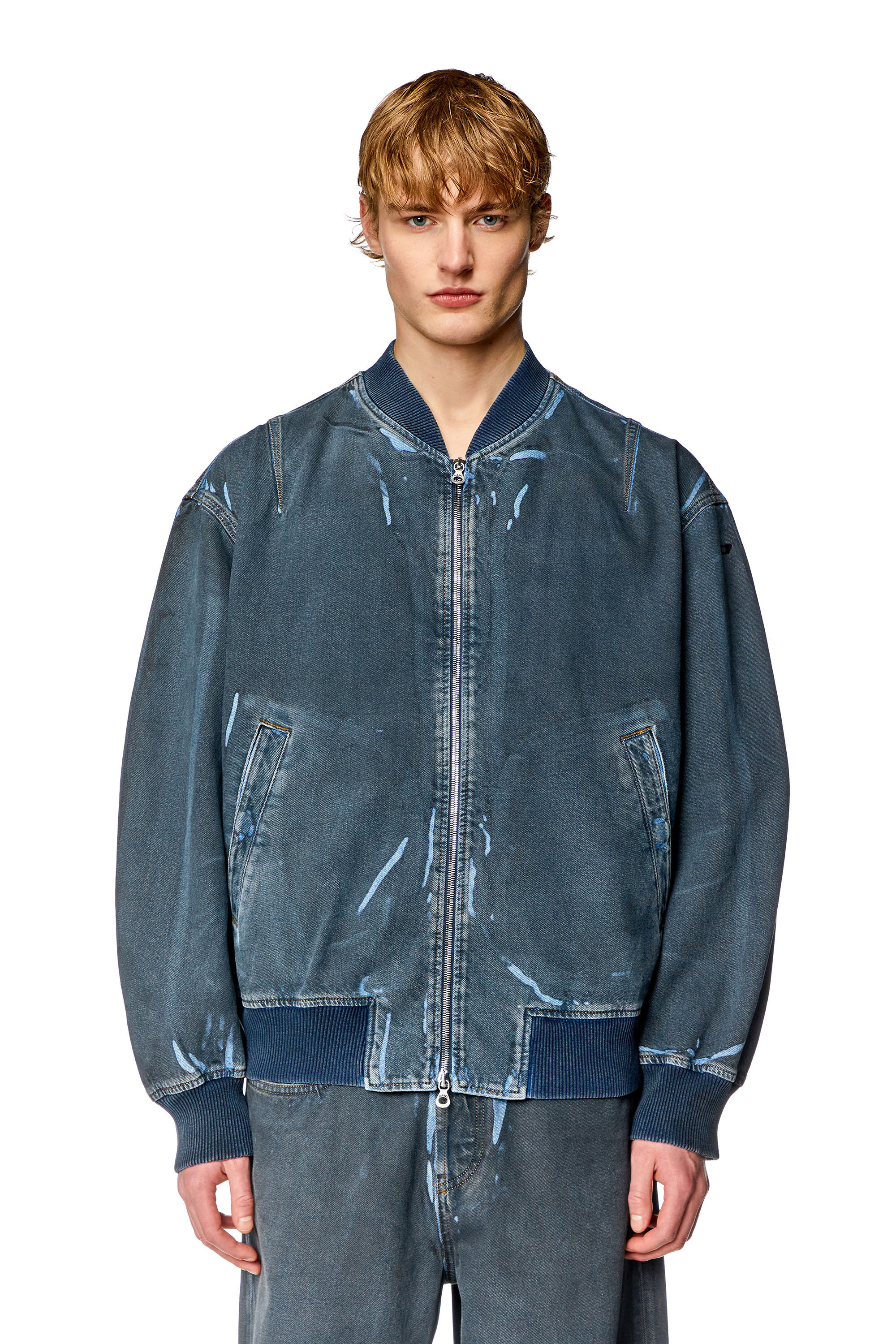 Men's Bomber jacket in used-effect coated denim | Blue | Diesel