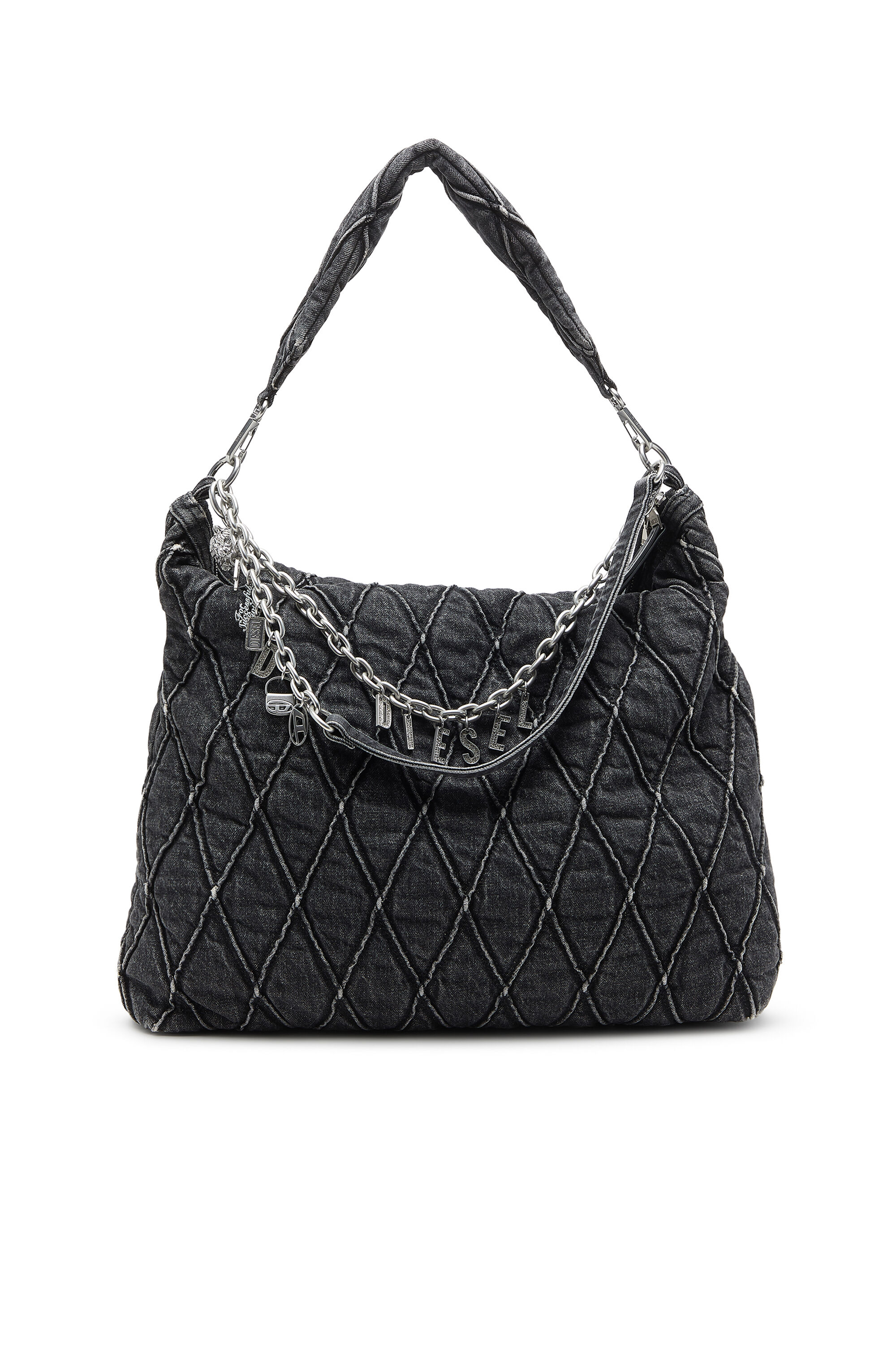 Women's Quilted-denim hobo bag with chain charms | Black Women's Quilted-denim hobo bag with chain charms | Black