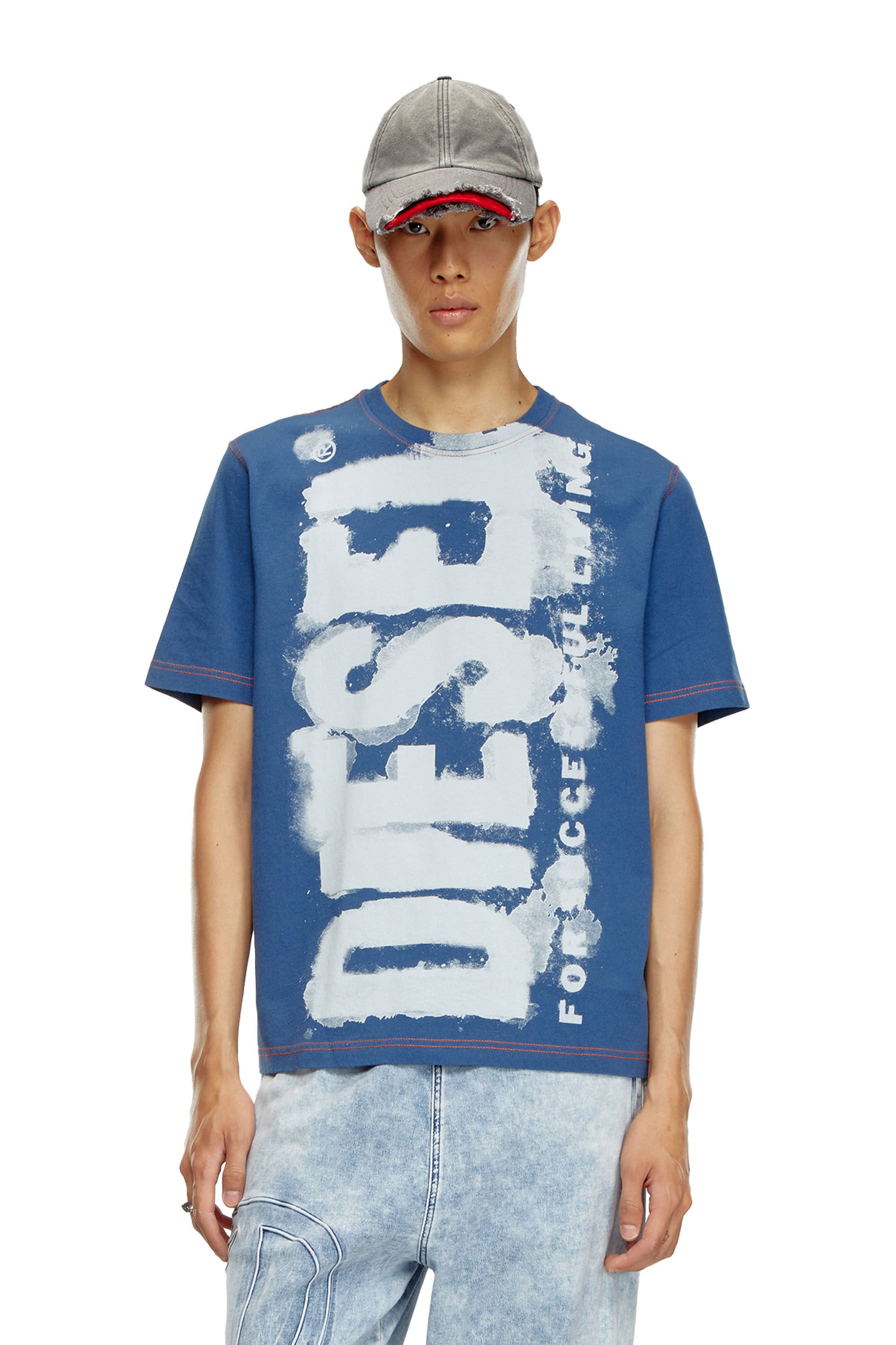 Diesel - T-ADJUST-Q4, Man's T-shirt with splotched logo in Azure - 3