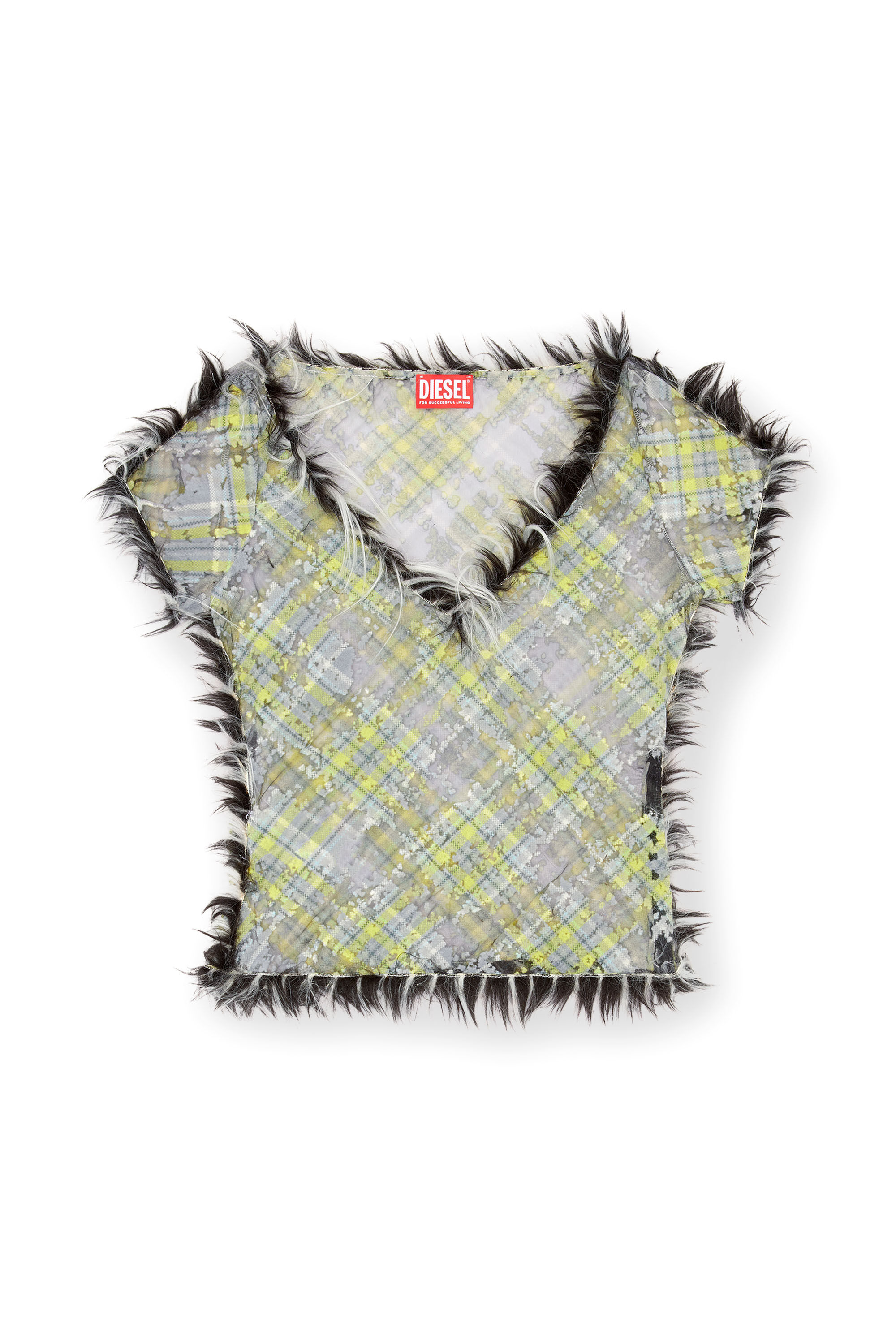 Diesel - T-UFFY, Woman's Cropped top in fuzzy devoré check tulle in Black/Green - 2