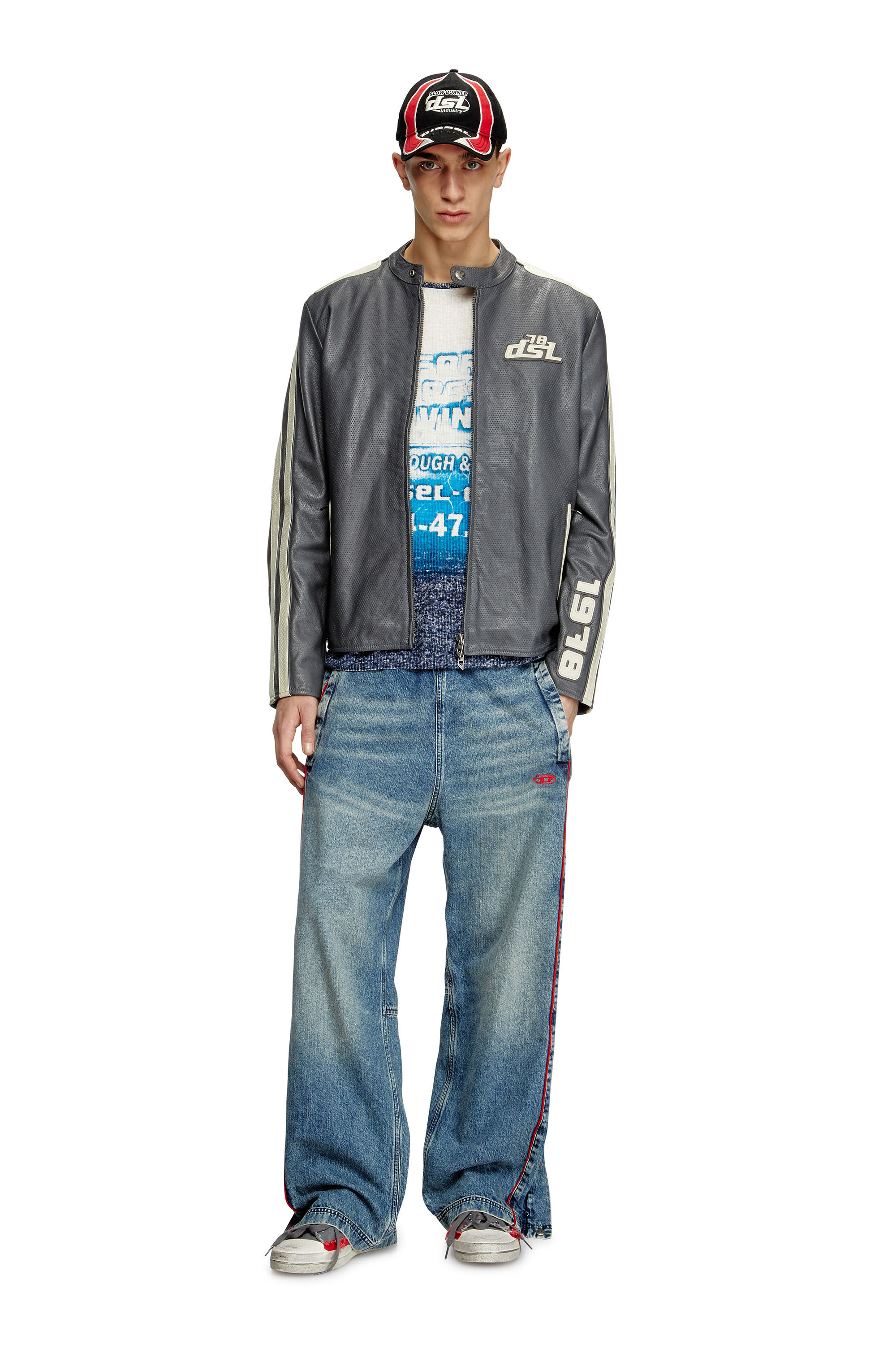 Diesel - L-POP, Chaqueta de motorista de cuero perforado Unisex in Gris - 1