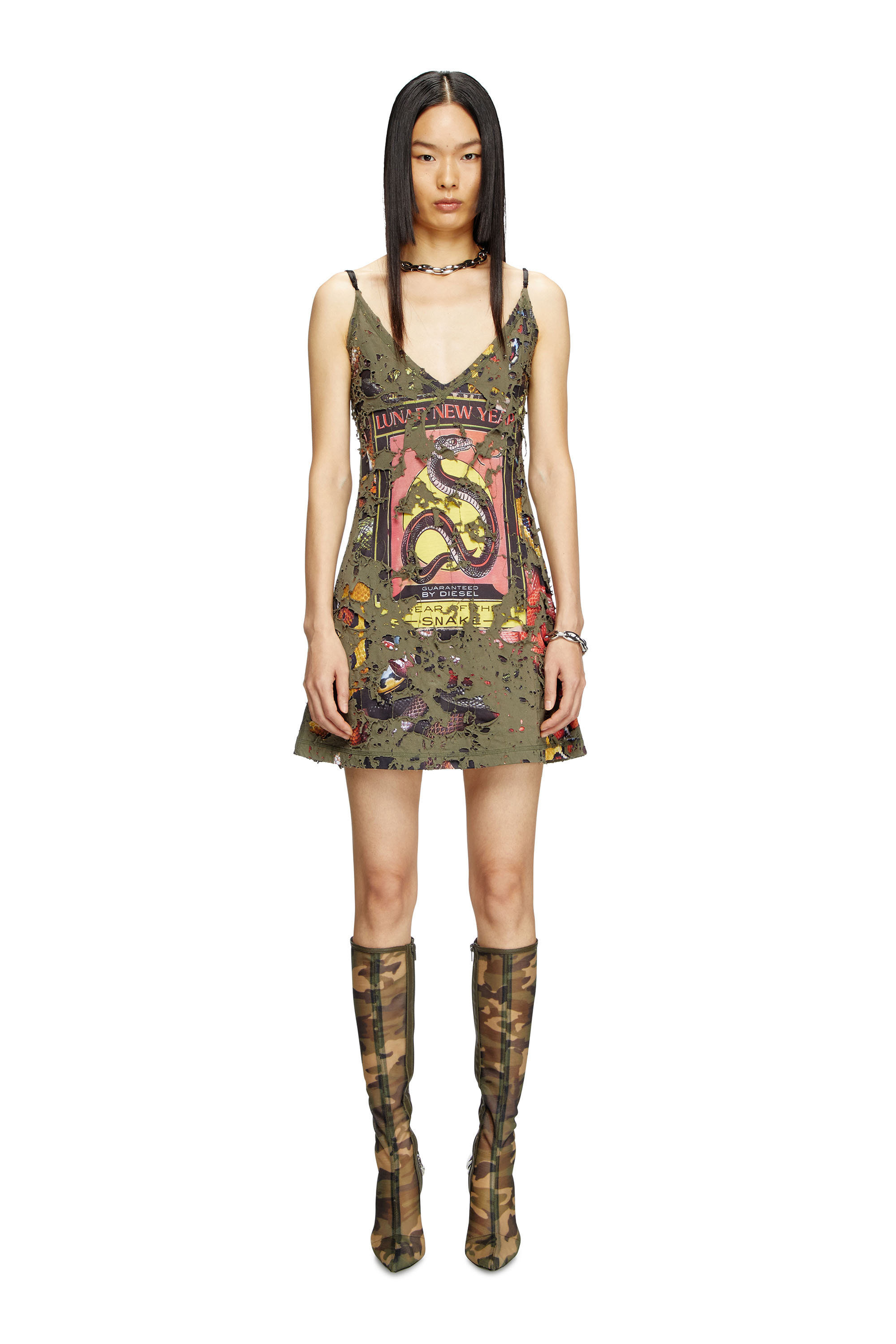 Diesel - CL-D-JENA-DEV-SNAKE, Woman's Destroyed snake-print slip dress in Olive Green - 2