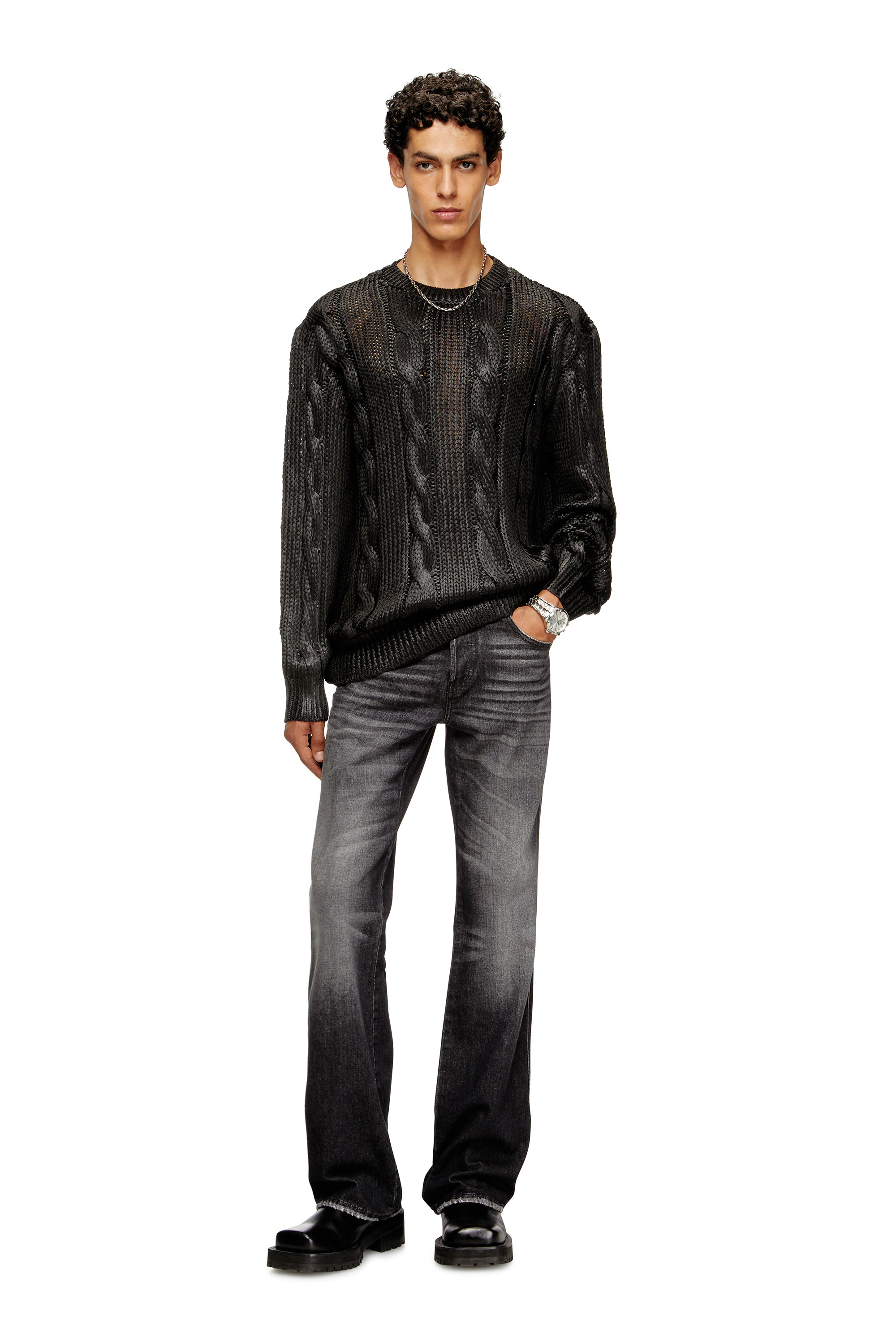 Diesel - K-MICHIU, Man's Cable-knit jumper with shiny effect in Black - 4