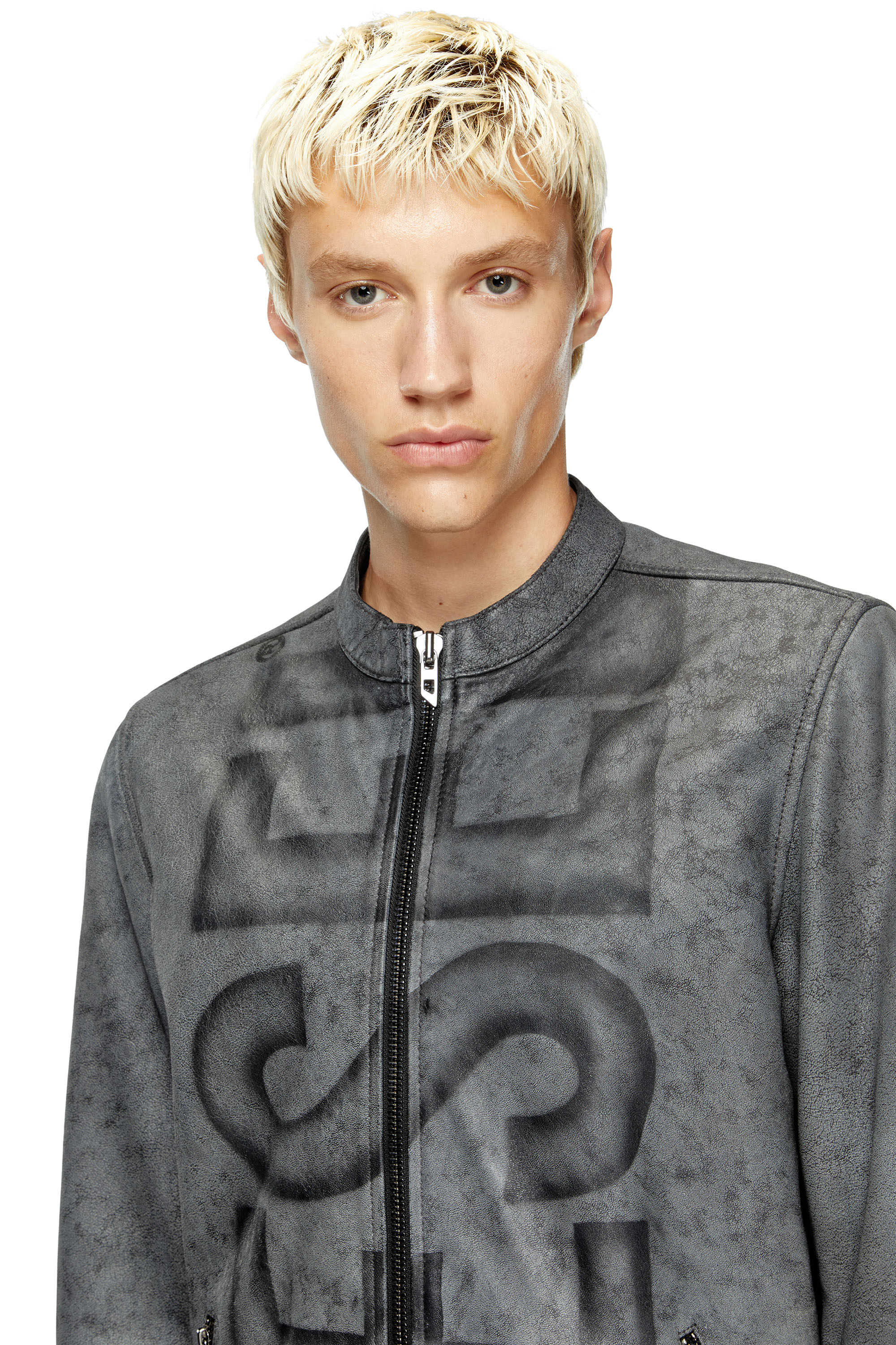 Diesel - L-EVERT-A, Man's Treated leather biker jacket with faded logo in Grey - 4