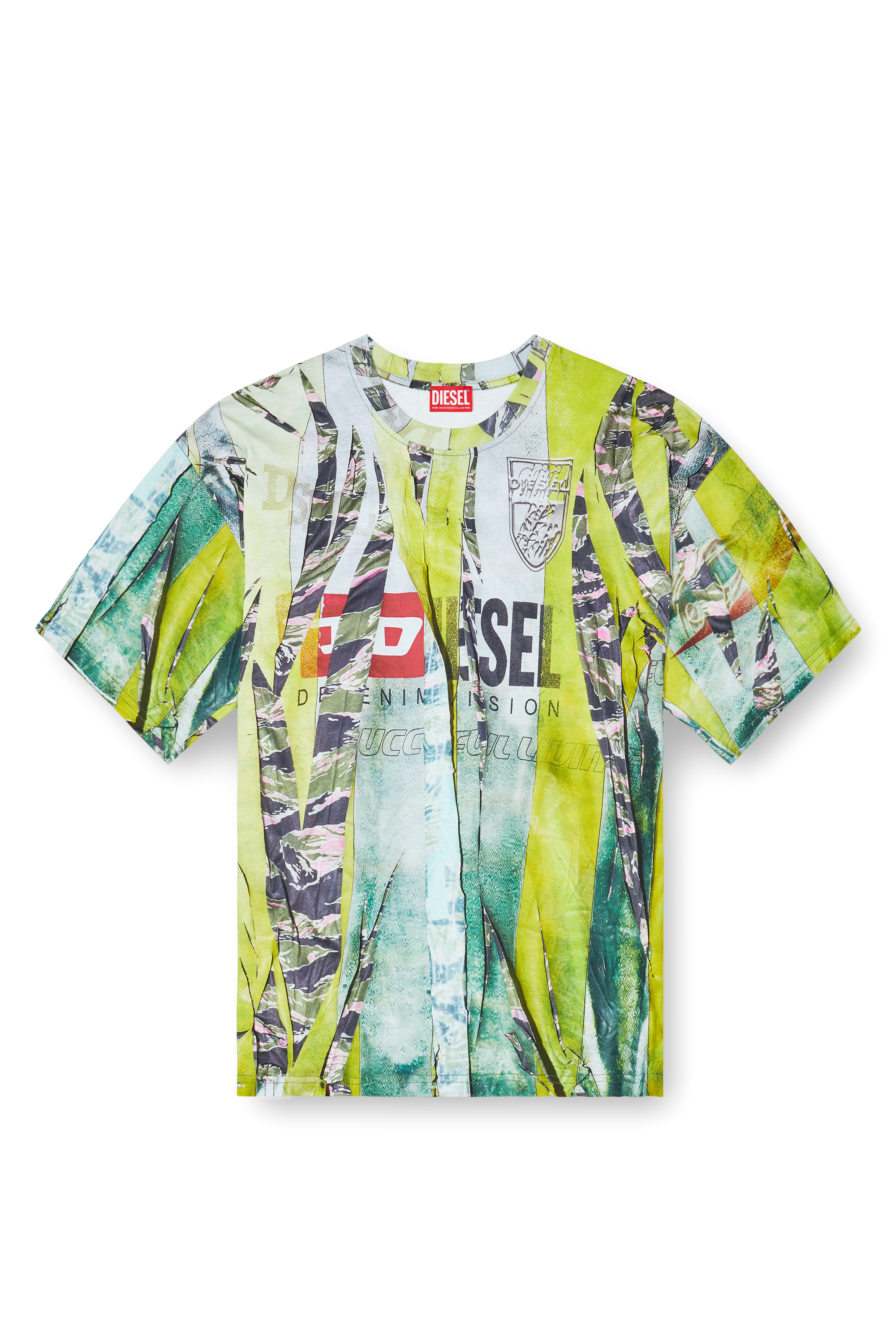 Diesel - T-BOXT-R13, Man's T-shirt with trompe l'oeil cracked print in Green/Yellow - 4