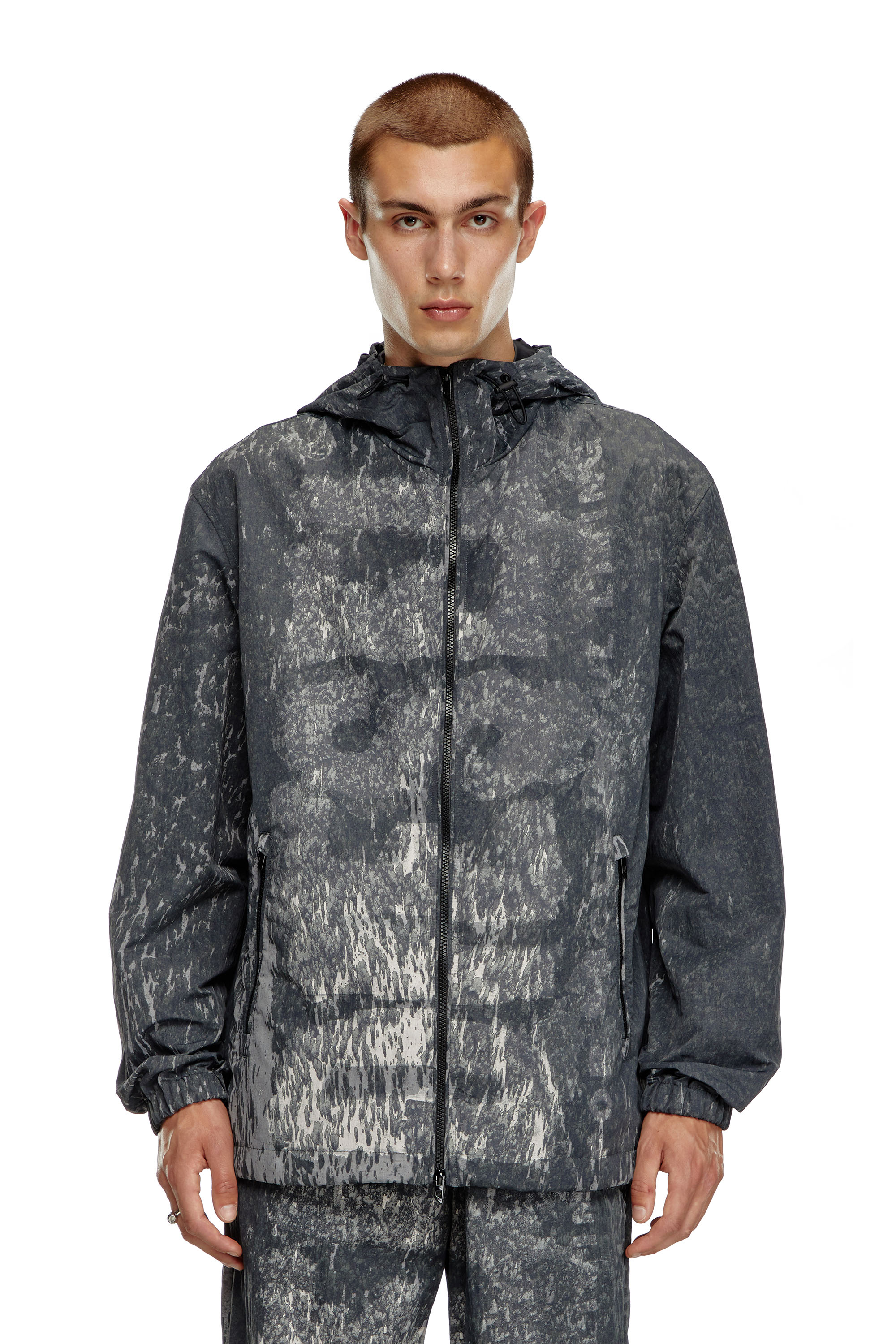 Diesel - J-BRICK, Man's Hooded windbreaker with Rain Camo print in Black - 5