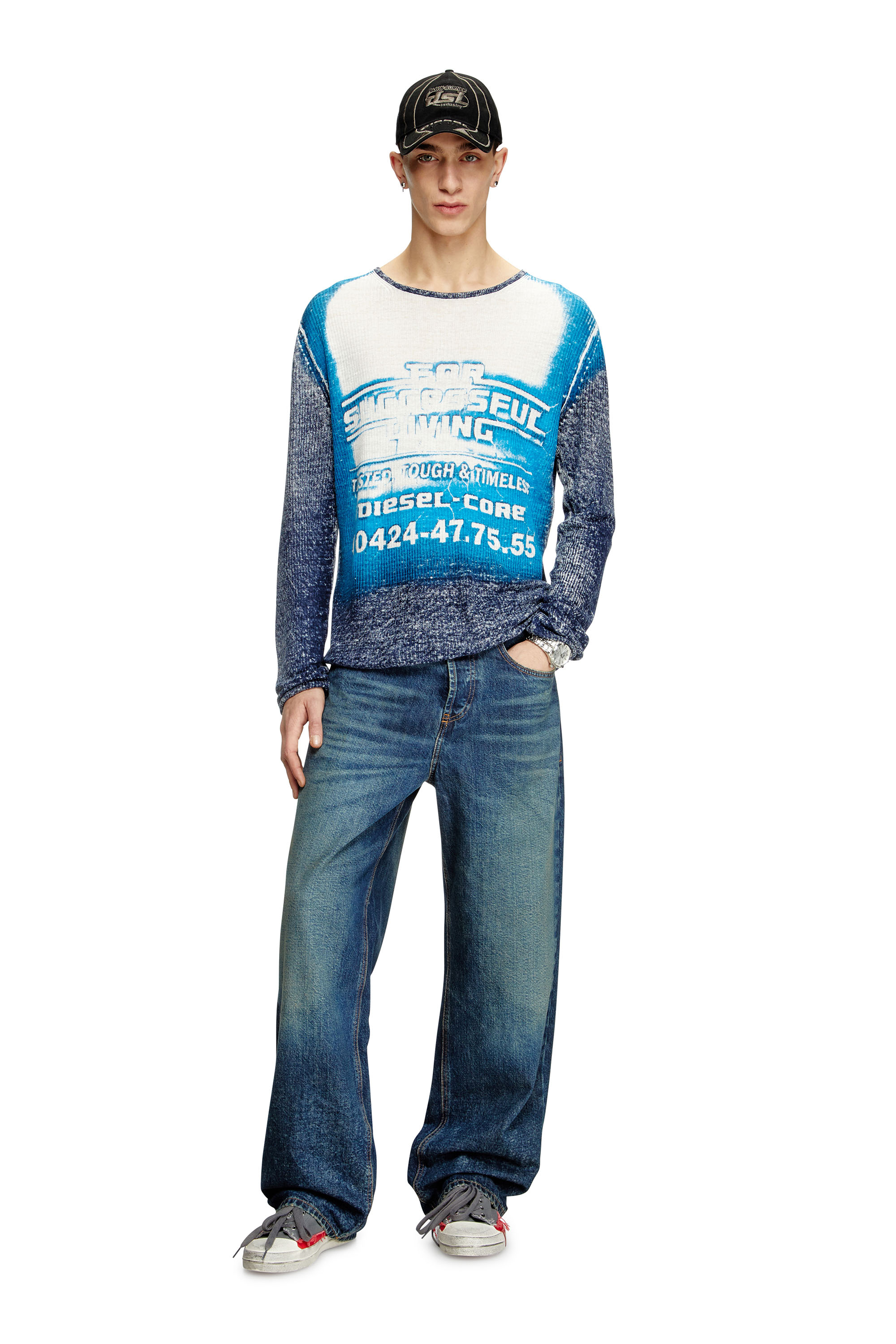 Diesel - K-ROD, Man's Linen jumper with logo graphic in Blue - 4