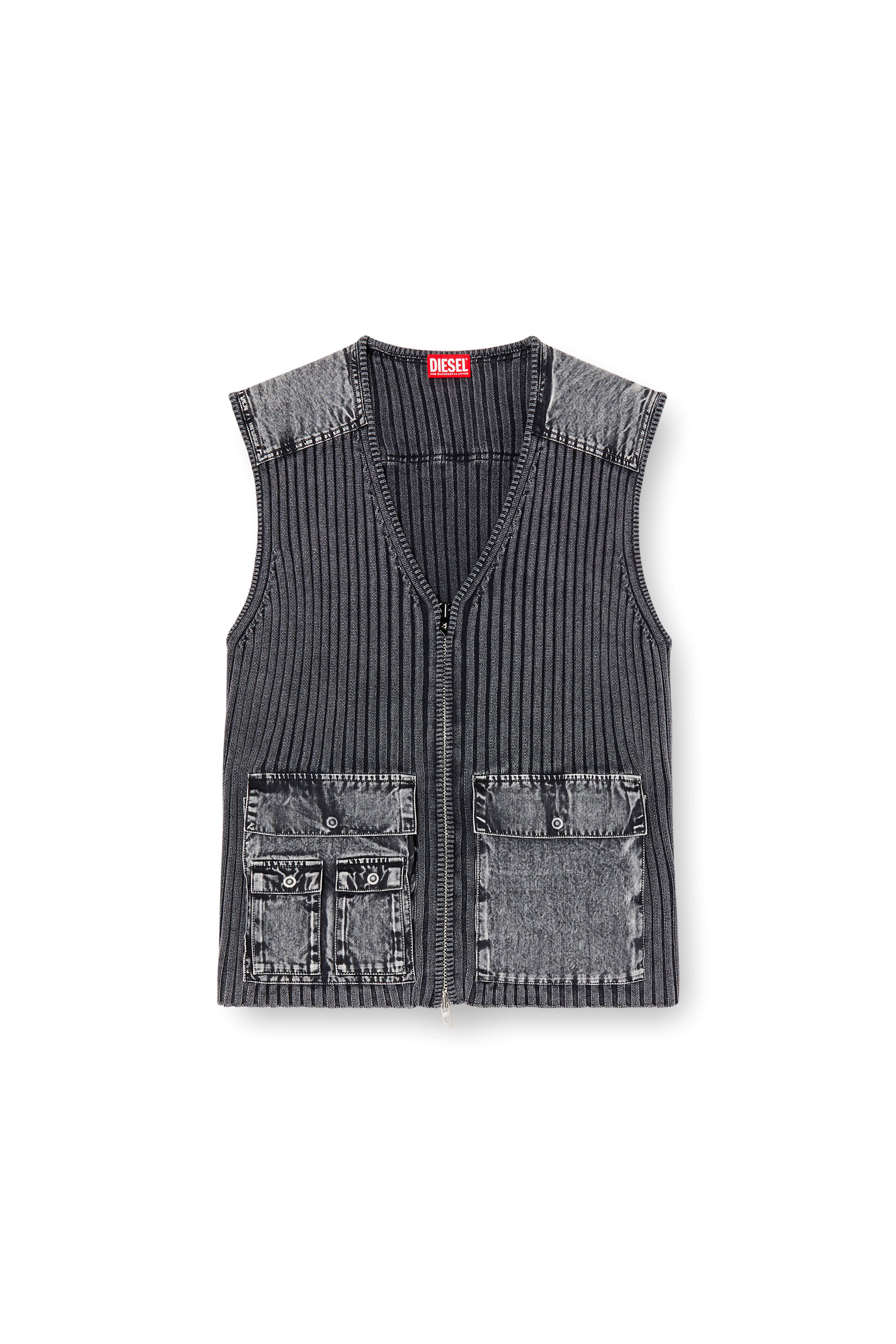 Diesel - K-MARGIE, Chaleco utilitario de tejido en canalé y denim Hombre in Gris - 6