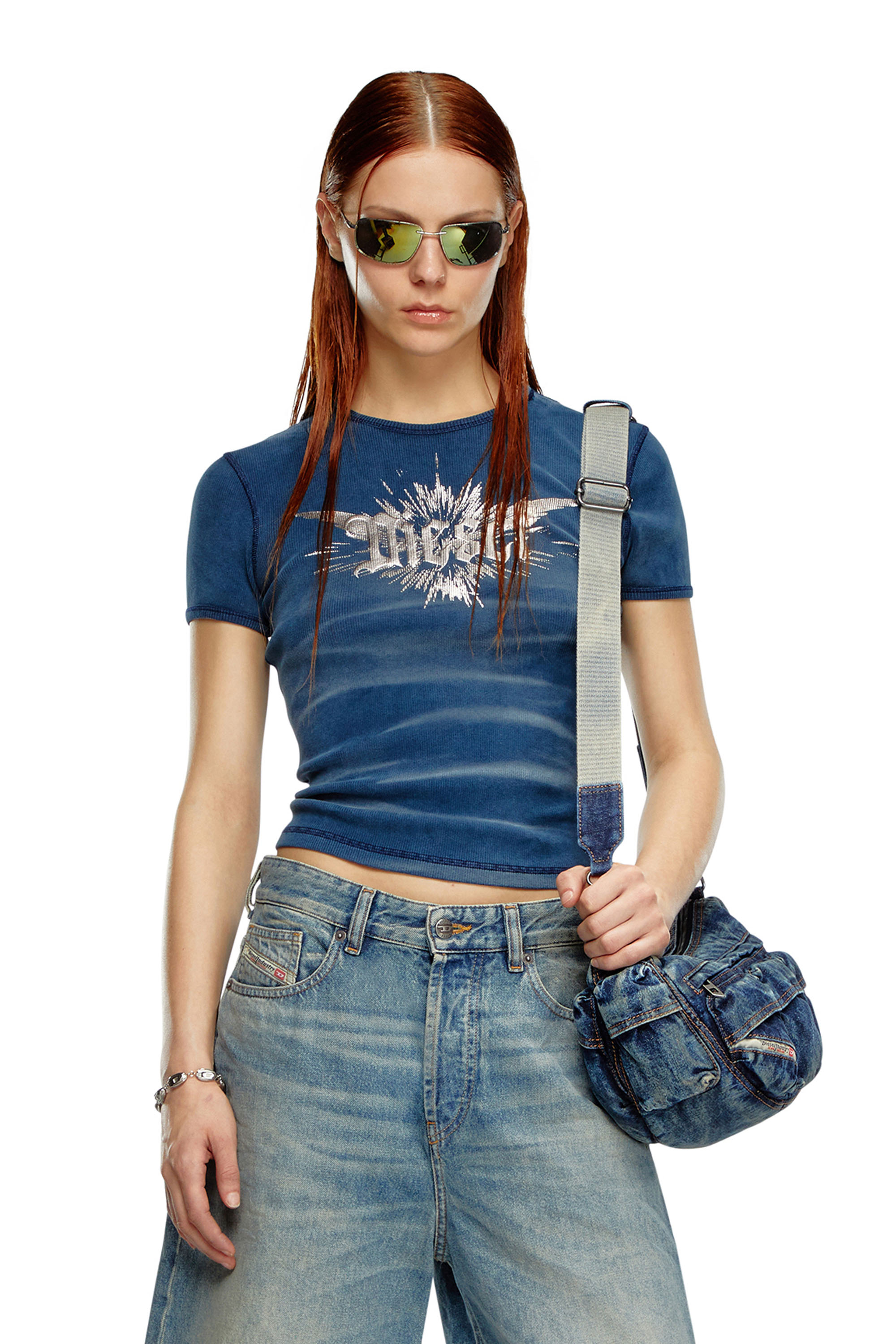 Diesel - T-ELE-LONG-P2, Woman T-shirt with winged Diesel foil print in Blue - Image 1