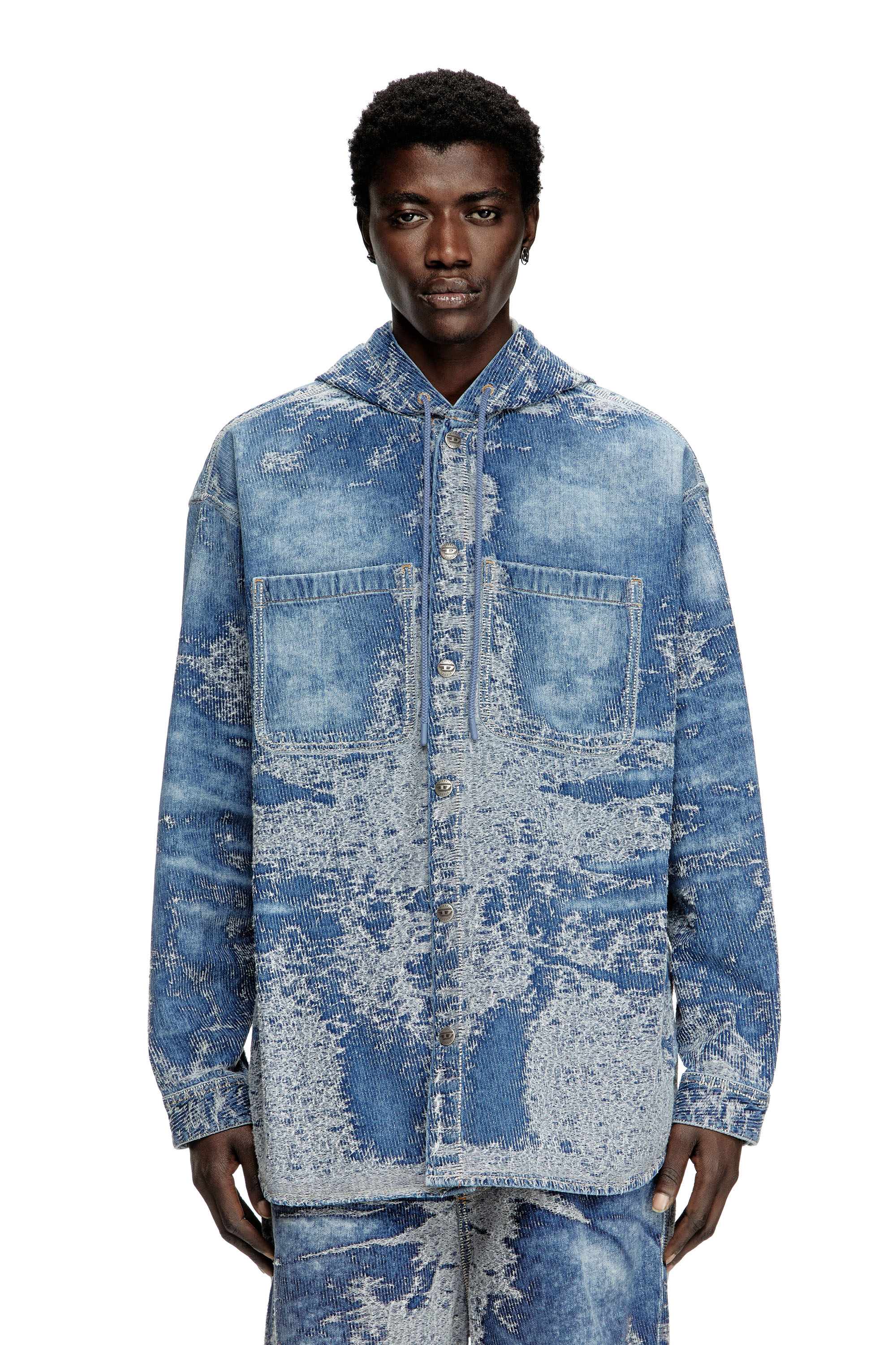 Diesel - D-DEWNYS-HOOD-S, Man's Overshirt in distressed jacquard denim in Medium blue - 4