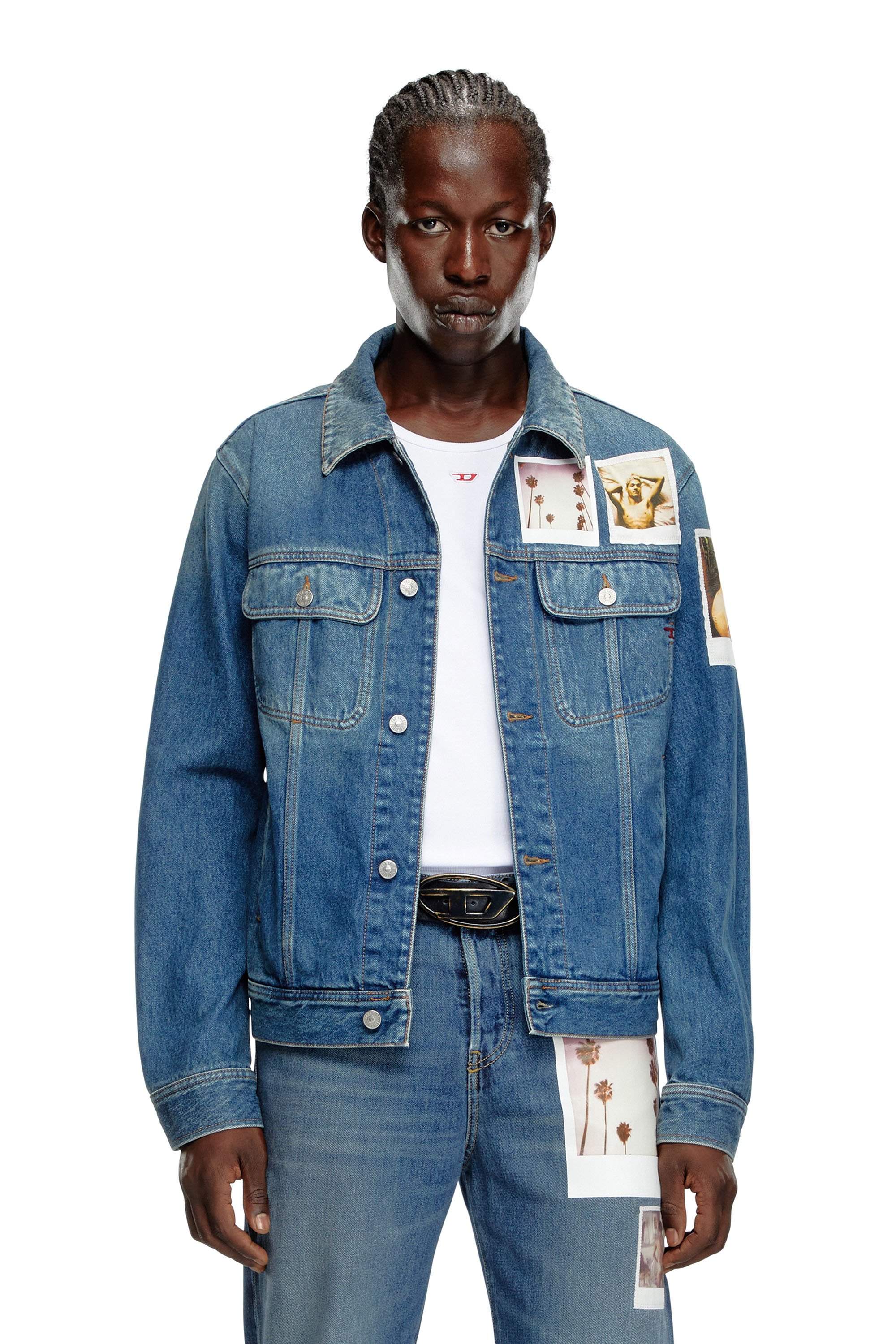 Diesel - PR-D-BARCY, Chaqueta trucker con parches polaroid Unisex in Azul marino - 1