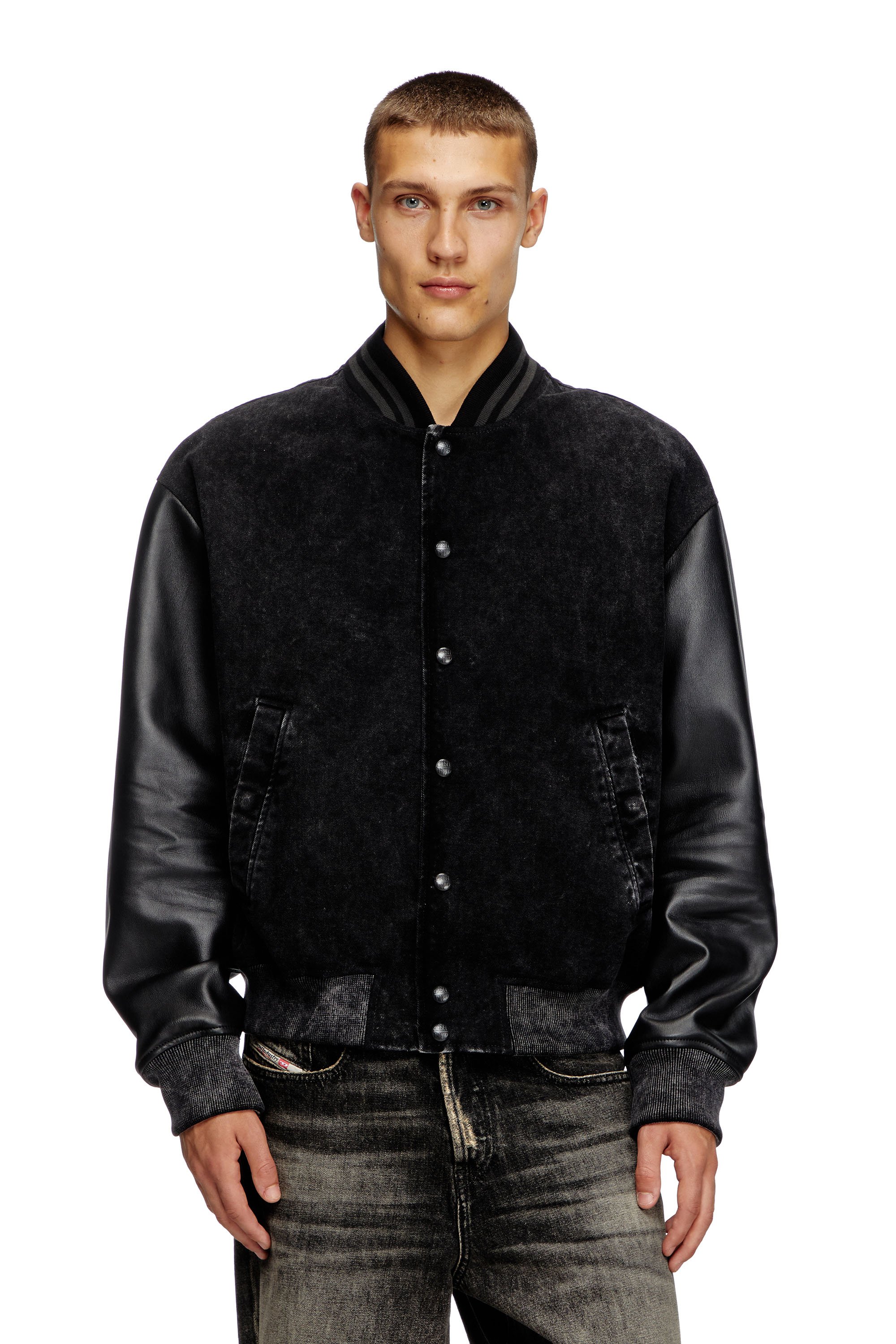 Diesel - L-NYN, Chaqueta bomber de denim y cuero Hombre in Negro - 1