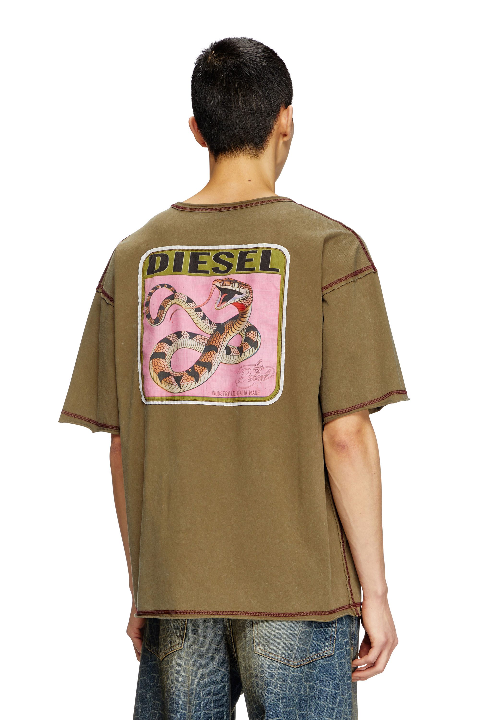 Diesel - CL-T-BOXT-SNAKE, Unisex's Treated T-shirt with snake patches in Olive Green - 2