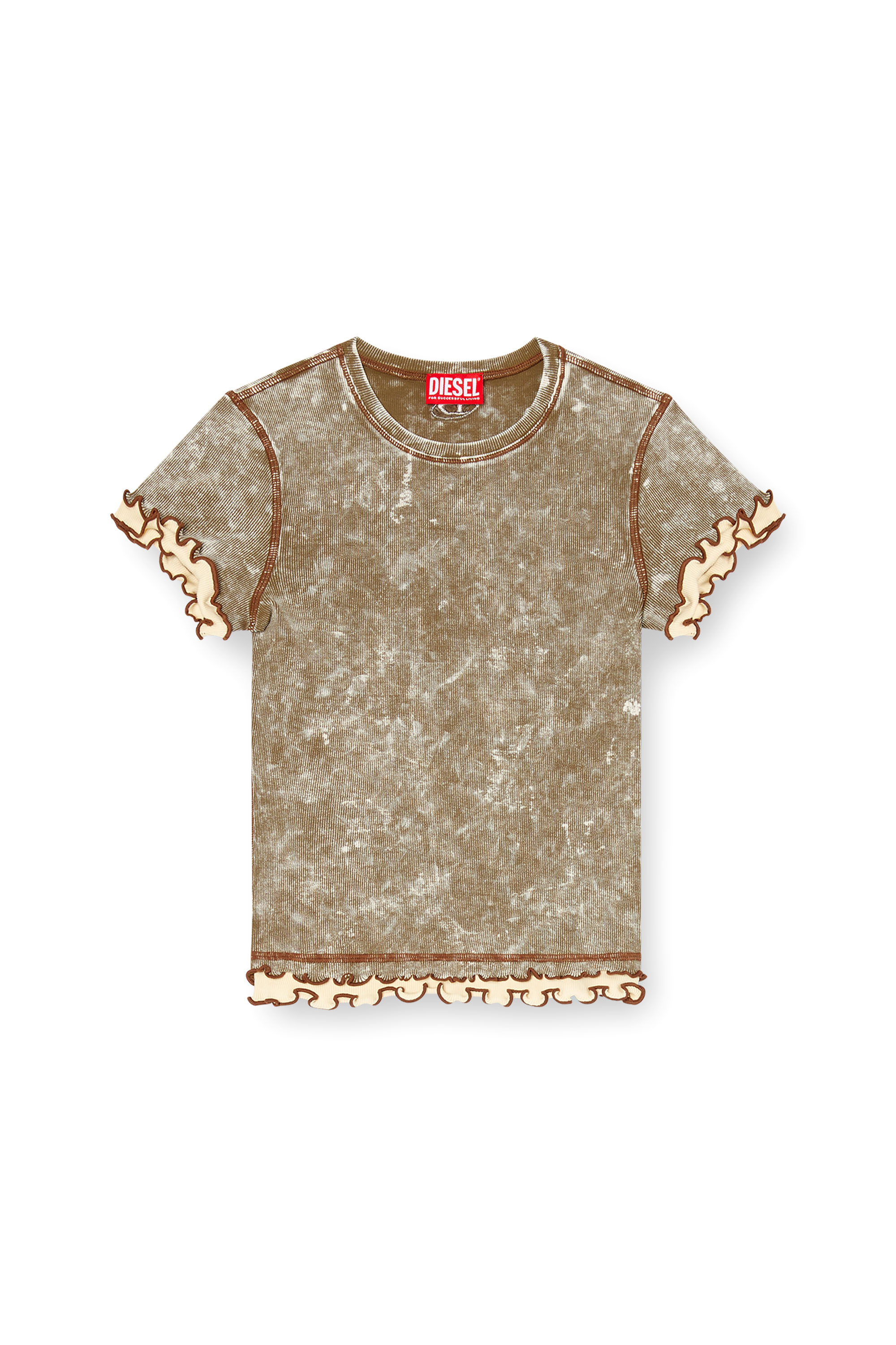 Diesel - T-FLU, Woman's Marbled T-shirt with ruffled trims in Military Green - 4