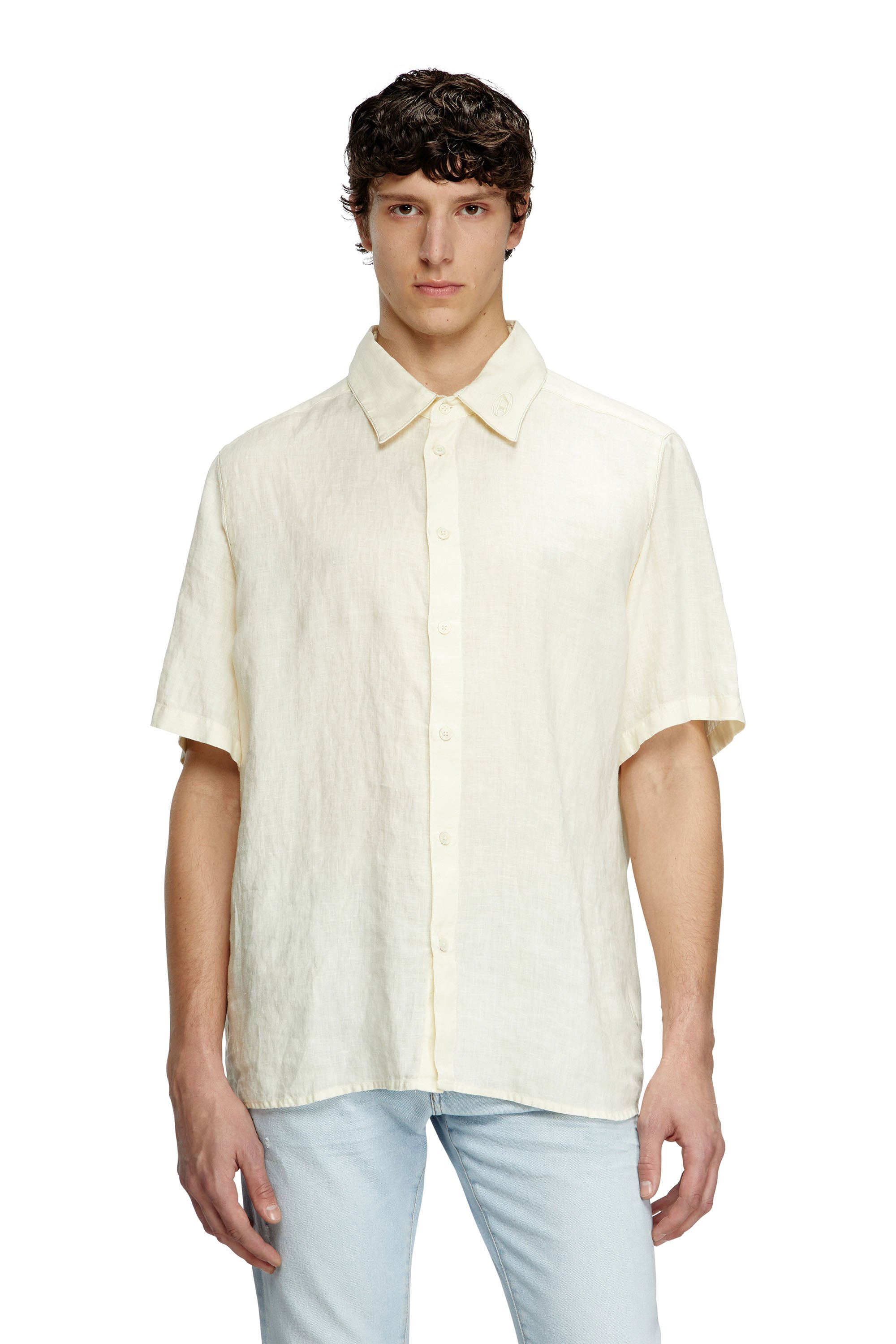 Diesel - S-UCCLE-A, Man's Short-sleeve linen shirt with logo collar in White - 1