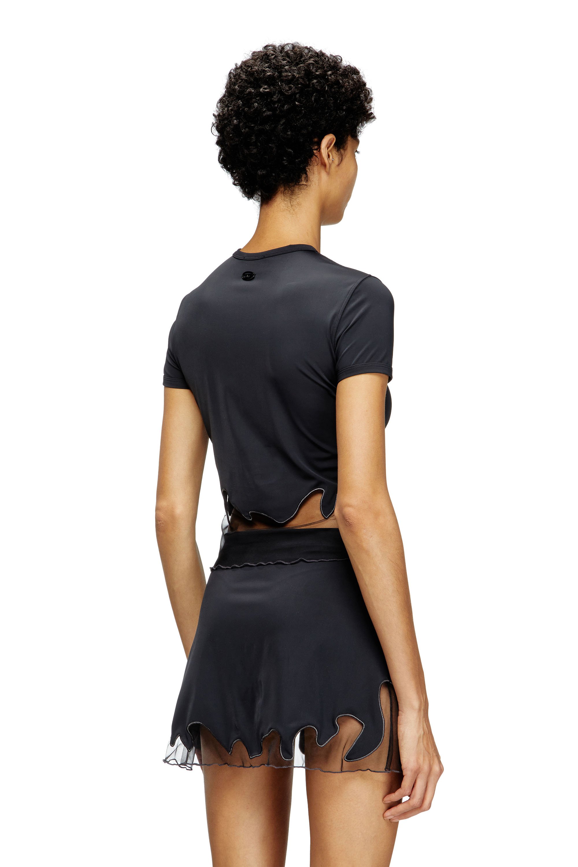 Diesel - T-INLAY-R1, Woman's Nylon T-shirt with tulle insert in Black - 3