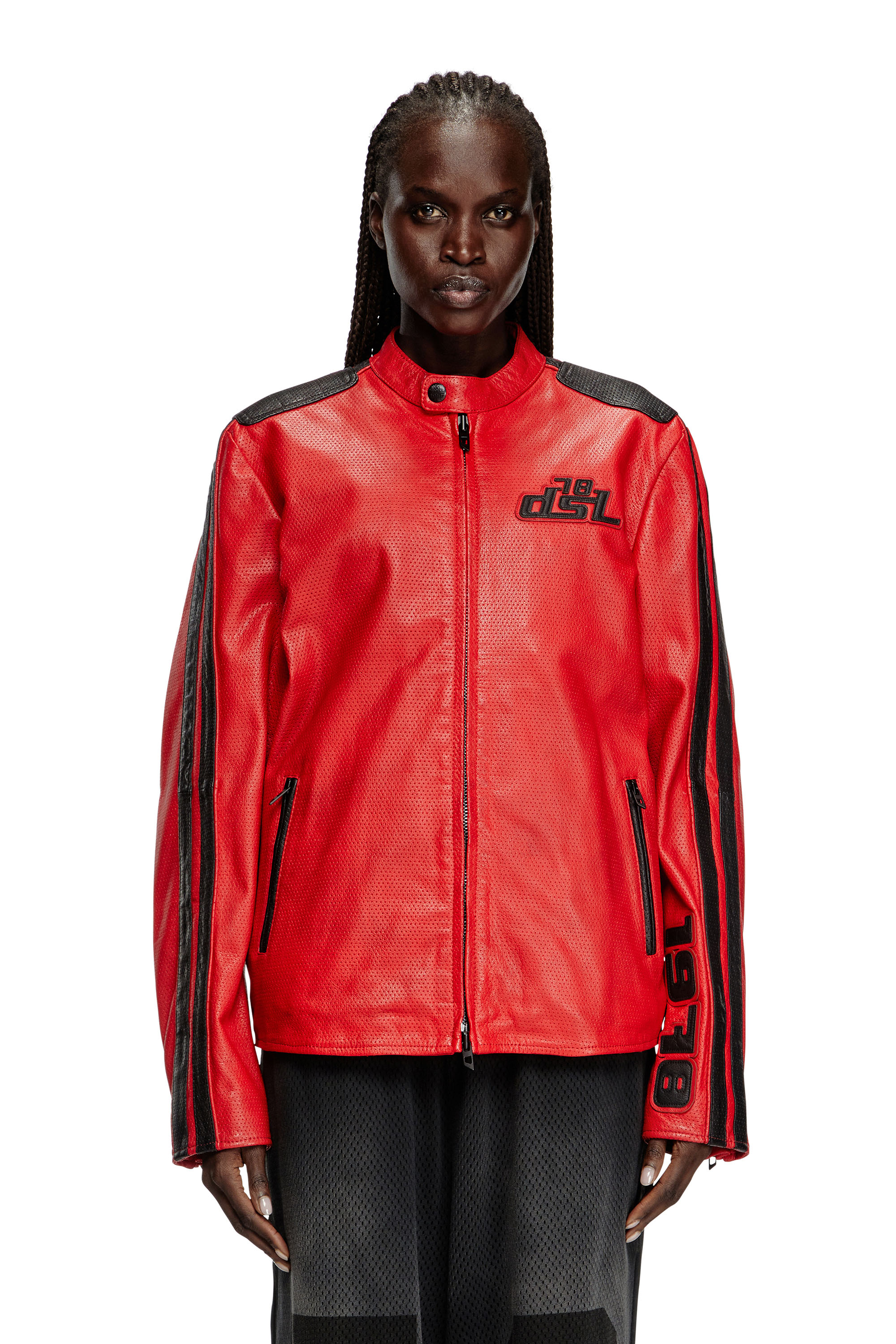 Diesel - L-POP, Chaqueta de motorista de cuero perforado Unisex in Rojo - 5