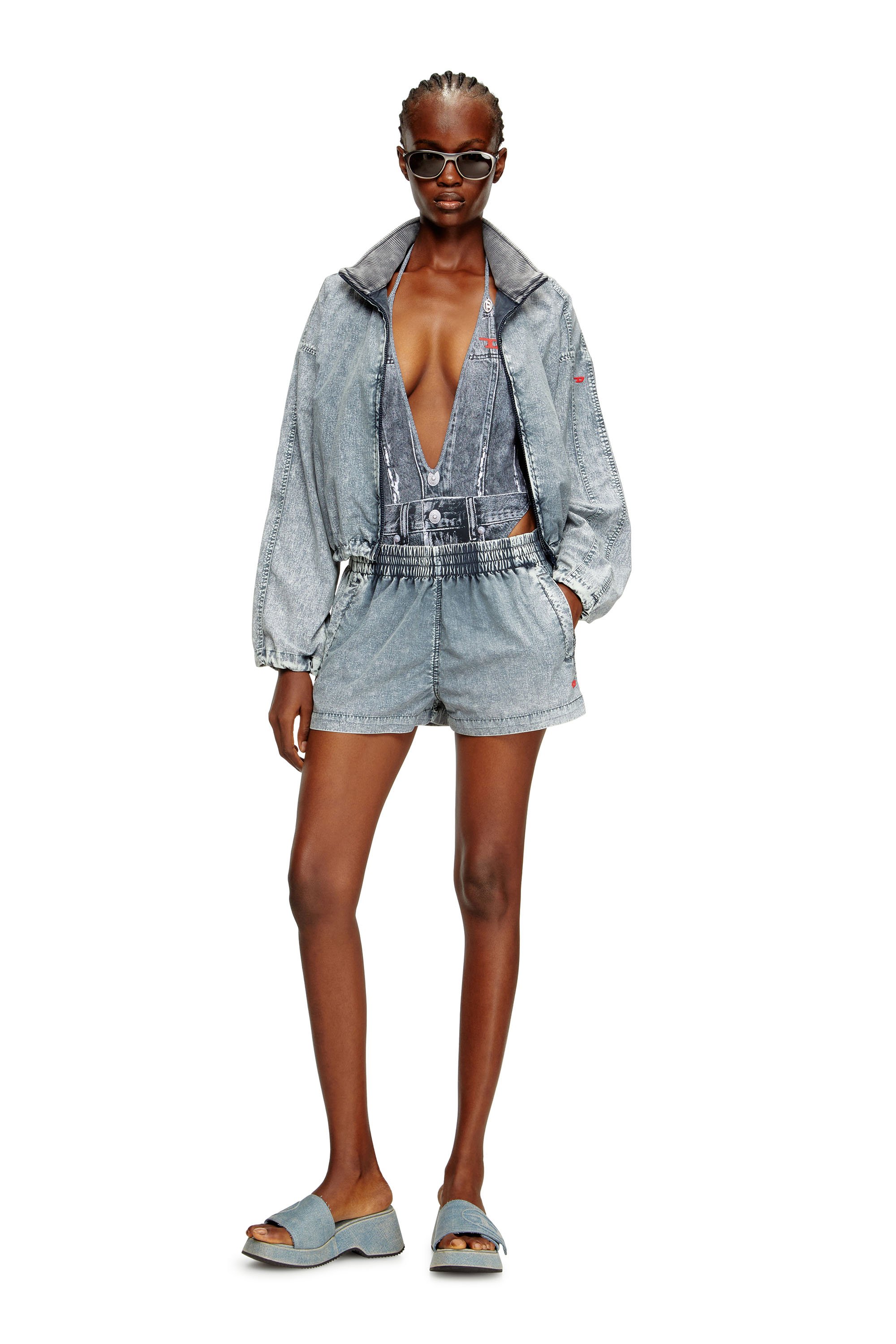 Women's Plunging swimsuit with denim trompe l'oeil | Blue