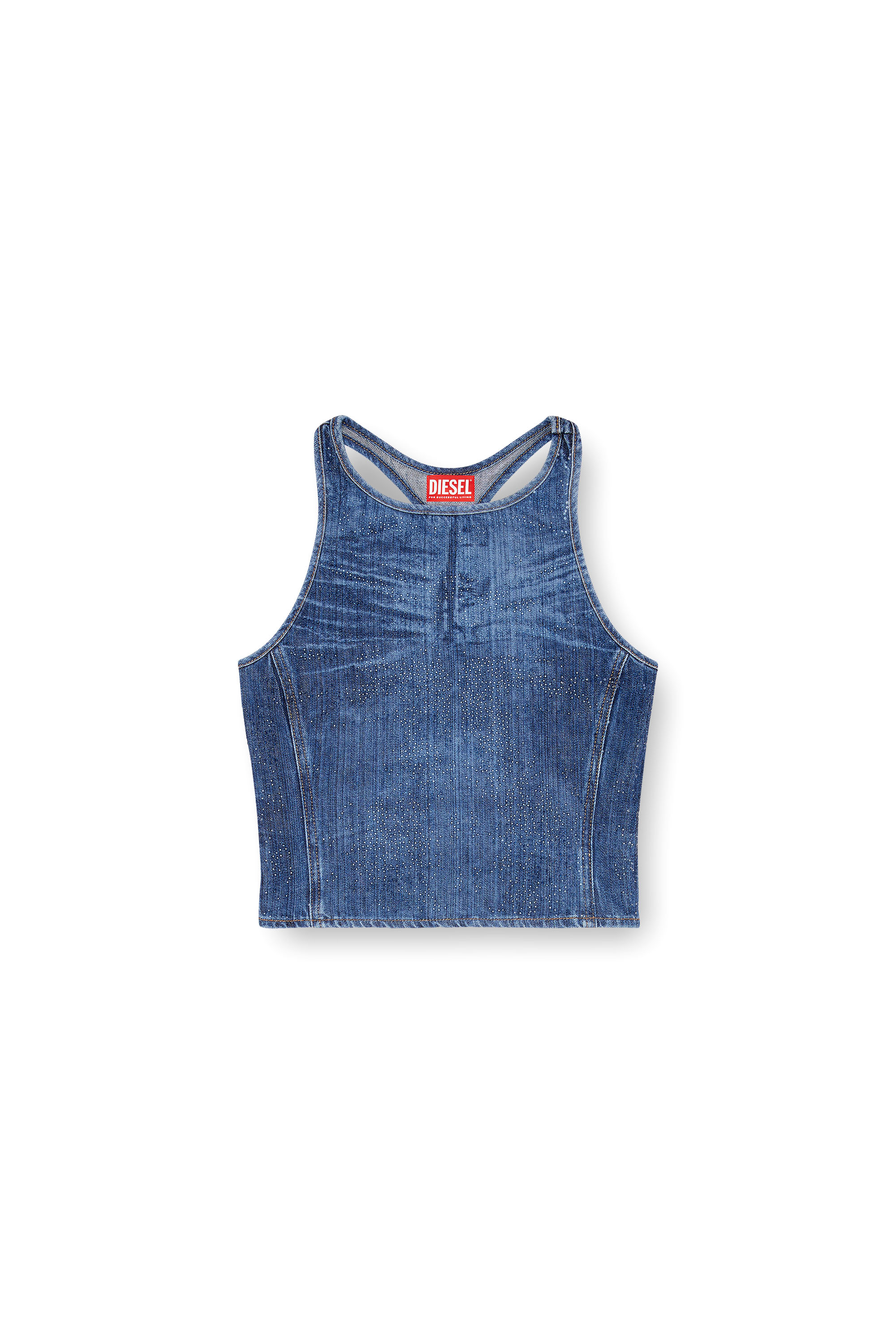 Diesel - DE-PLAQUE-S, Woman's Racerback top in rhinestone denim in Medium blue - 5