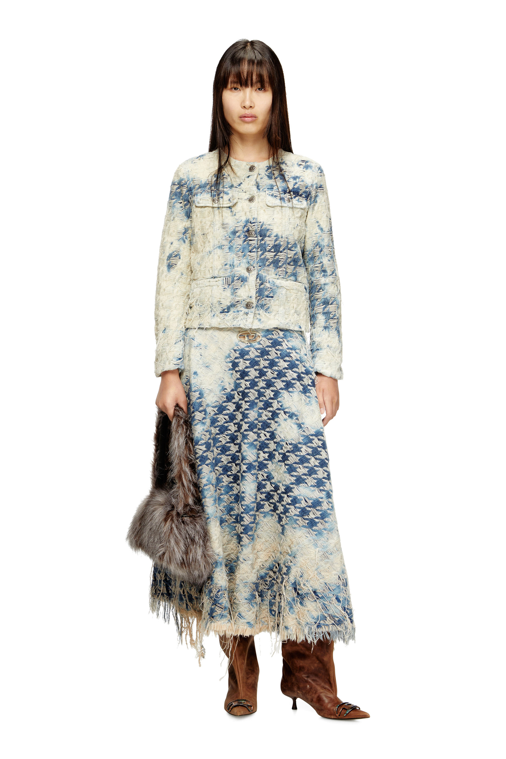 Diesel - DE-ANNET-FSH1, Falda midi en tejido denim con tejido de pata de gallo Mujer in Azul marino - 1