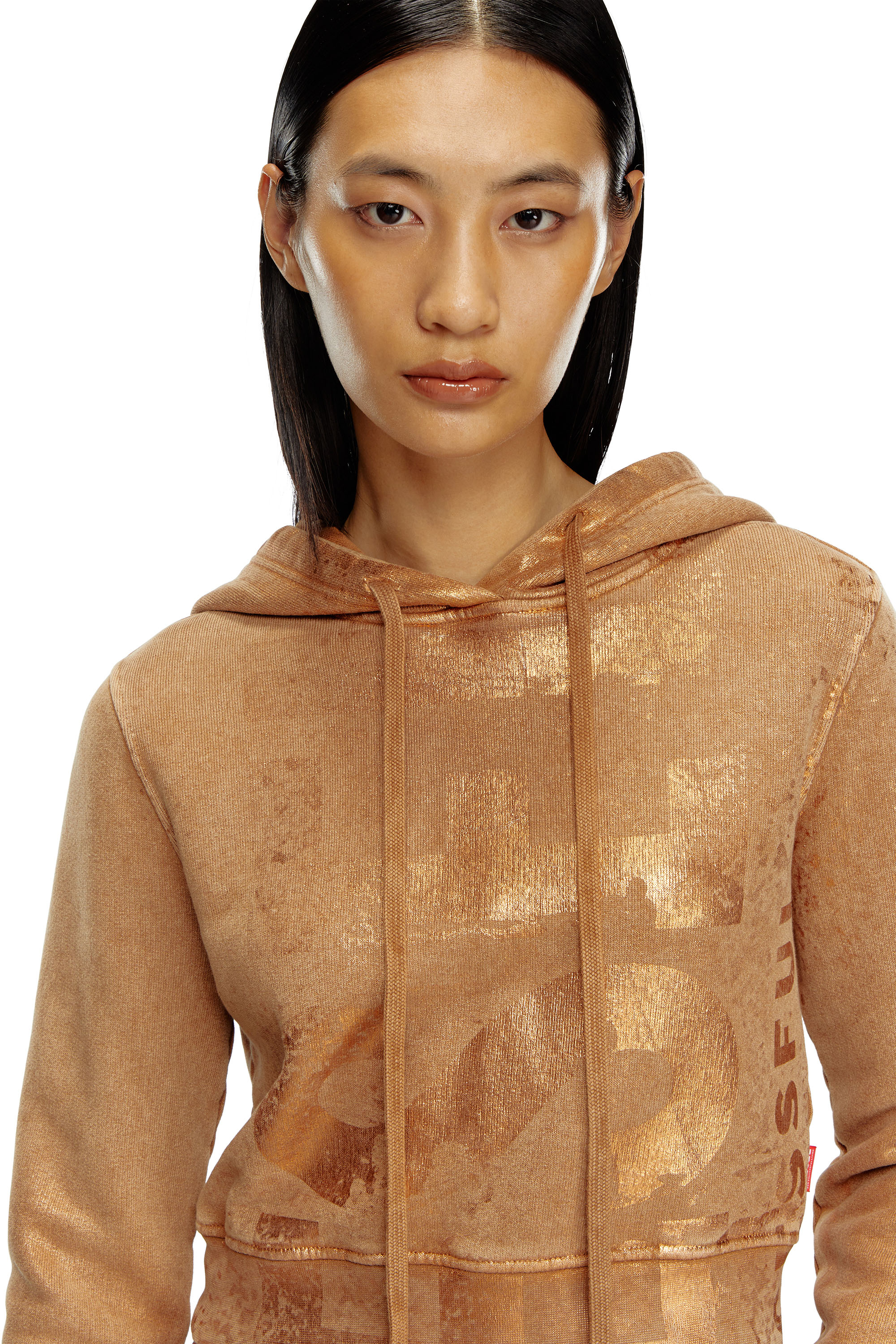 Diesel - F-SLIMMY-HOOD-P6, Woman's Cropped hoodie with metallic effects in Light Brown - 3