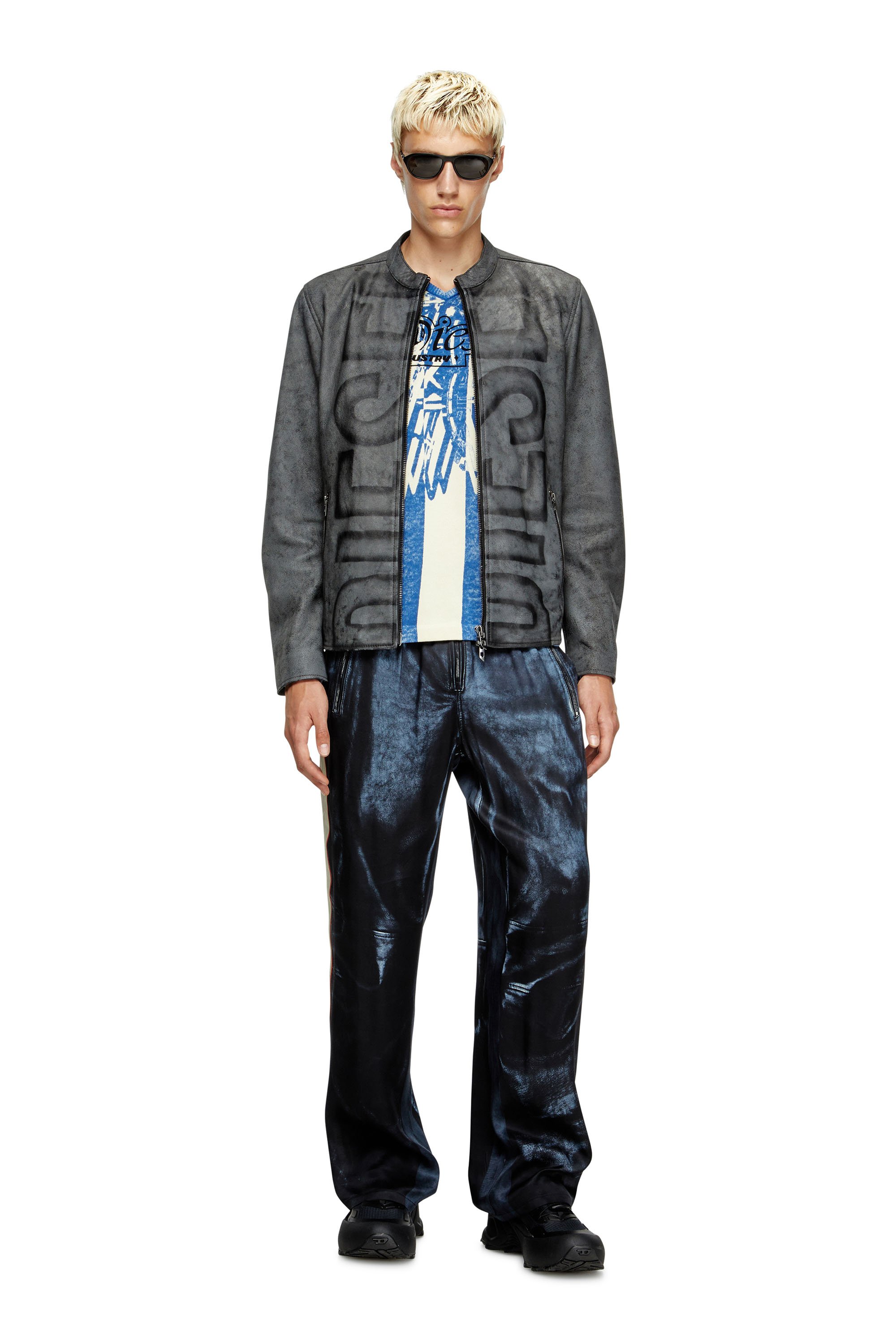 Diesel - L-EVERT-A, Man's Treated leather biker jacket with faded logo in Grey - 2