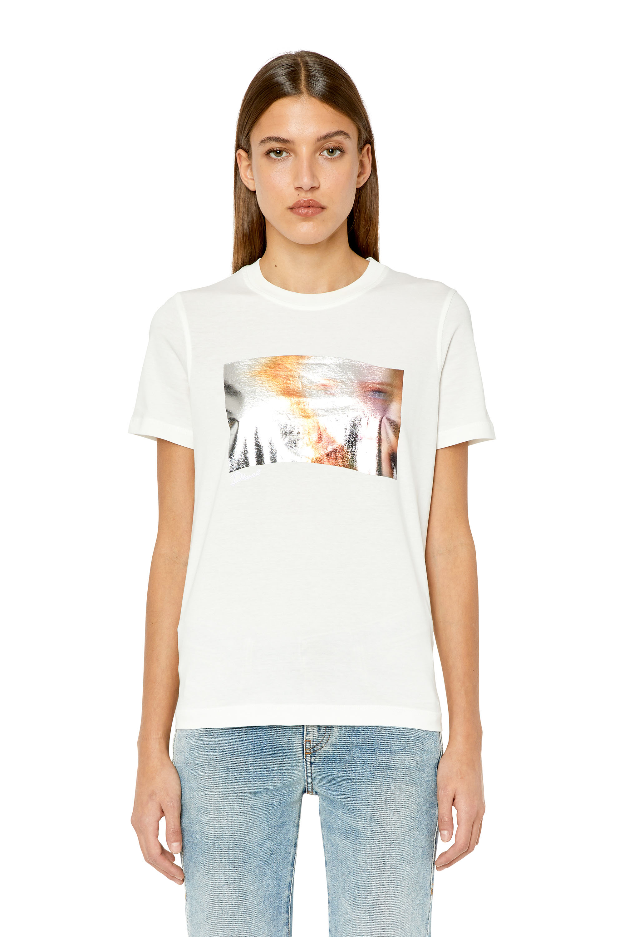 retning Wedge spisekammer T-REG-G3 Woman: T-shirt with metallic blurry-face print | Diesel