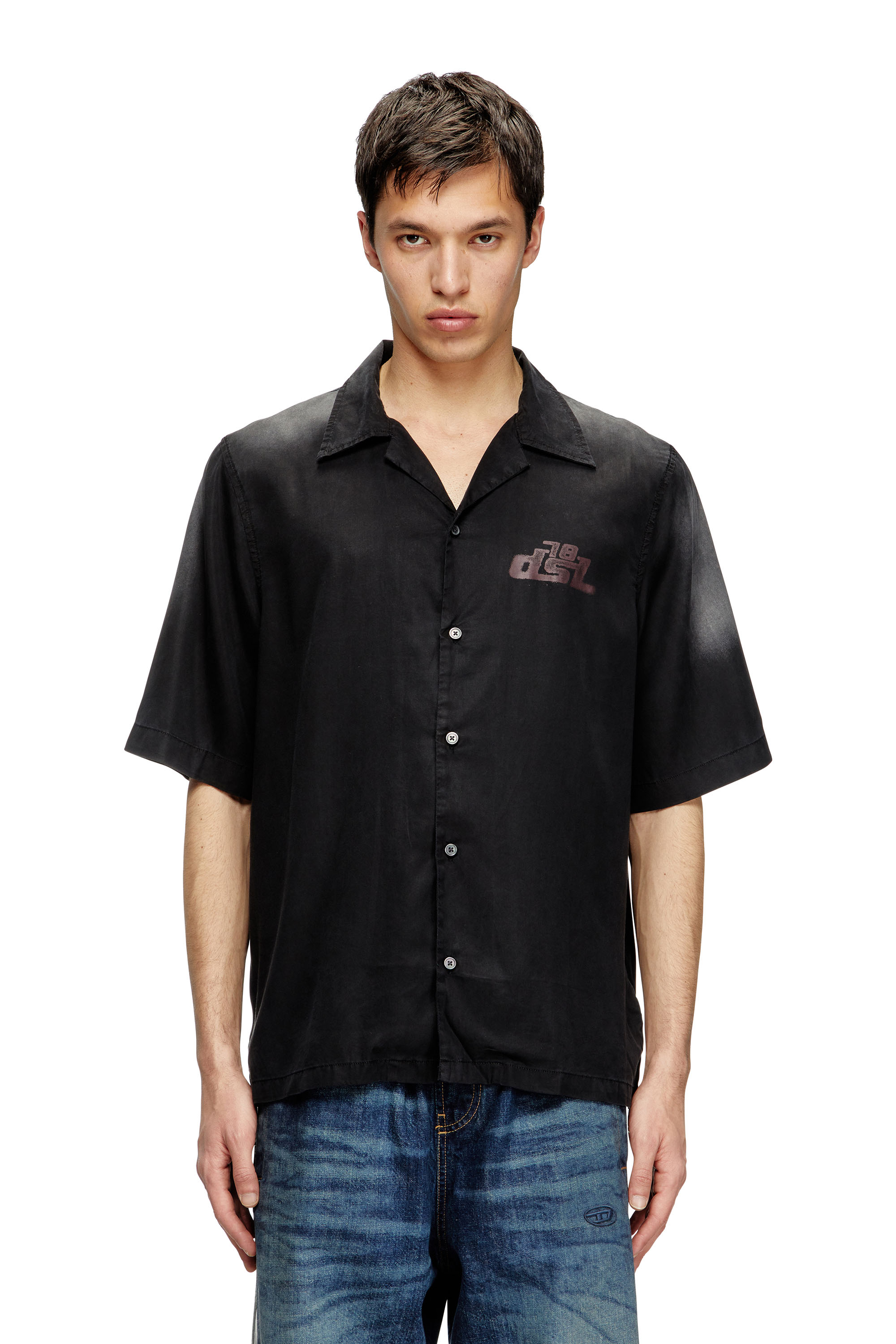 Diesel - S-ELLY, Camisa de bolos desteñida con estampados de logotipos Hombre in Negro - 1