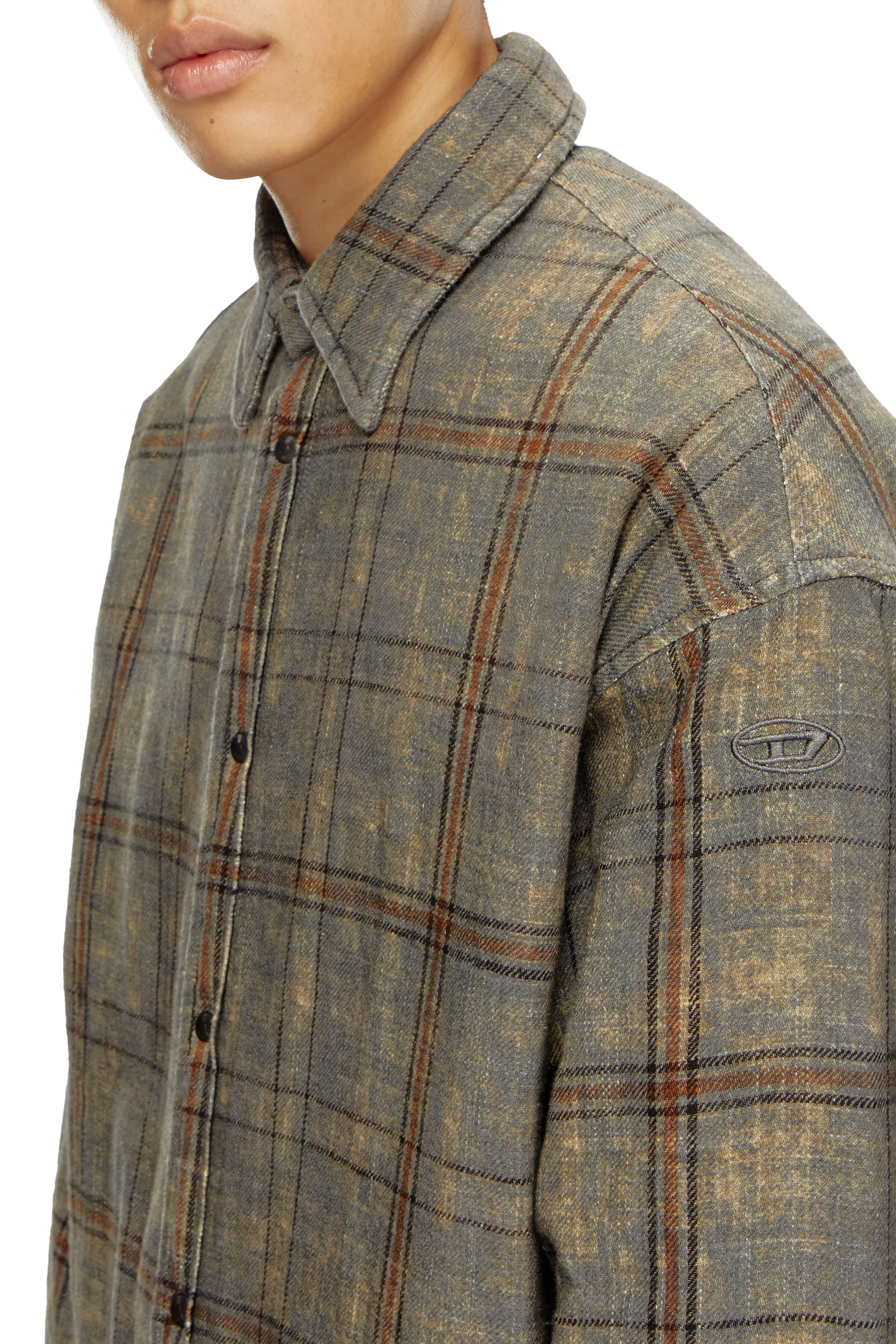 Diesel - S-HAMME, Man's Padded jacket in checked slub cotton in Green/Brown - 4