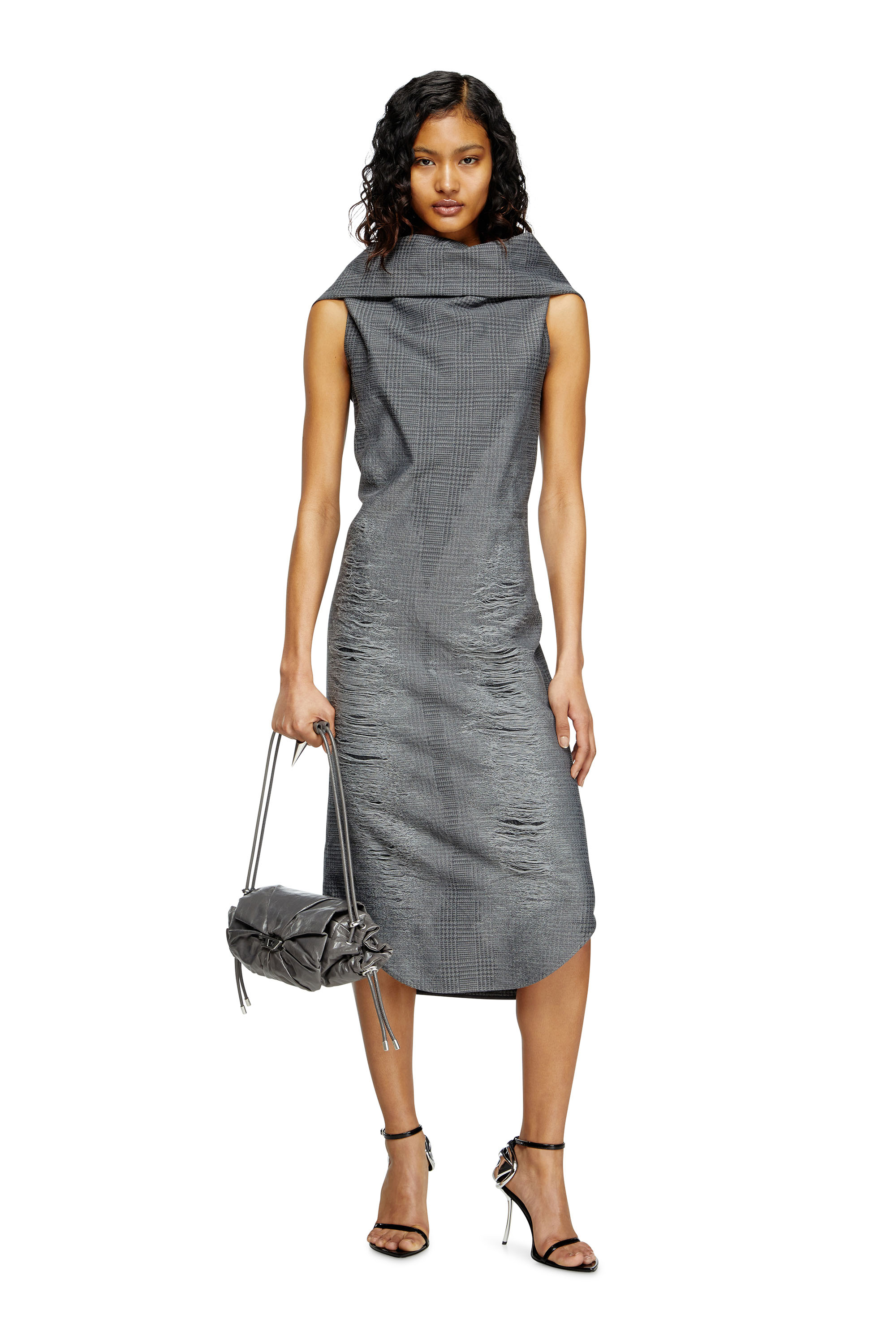 Diesel - D-MAUVE, Vestido midi de tejido príncipe de Gales con efecto desgastado Mujer in Gris - 2