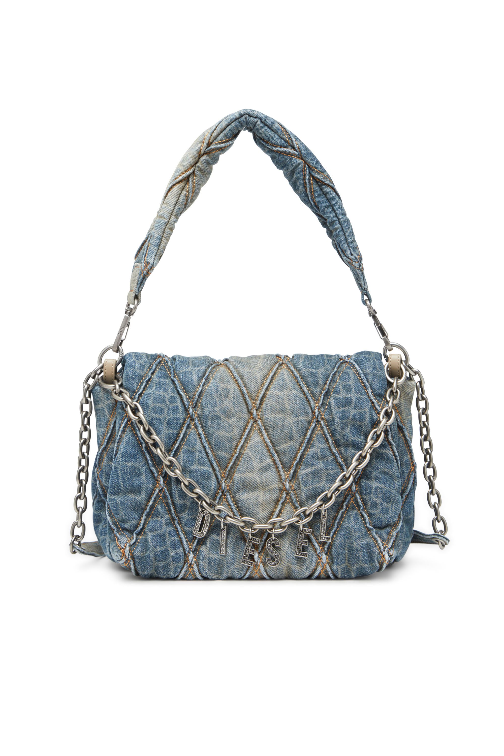 Diesel - CNY CHARM-D SHOULDER M, Bolso de hombro de denim acolchado con estampado de serpiente Mujer in Azul marino - 1