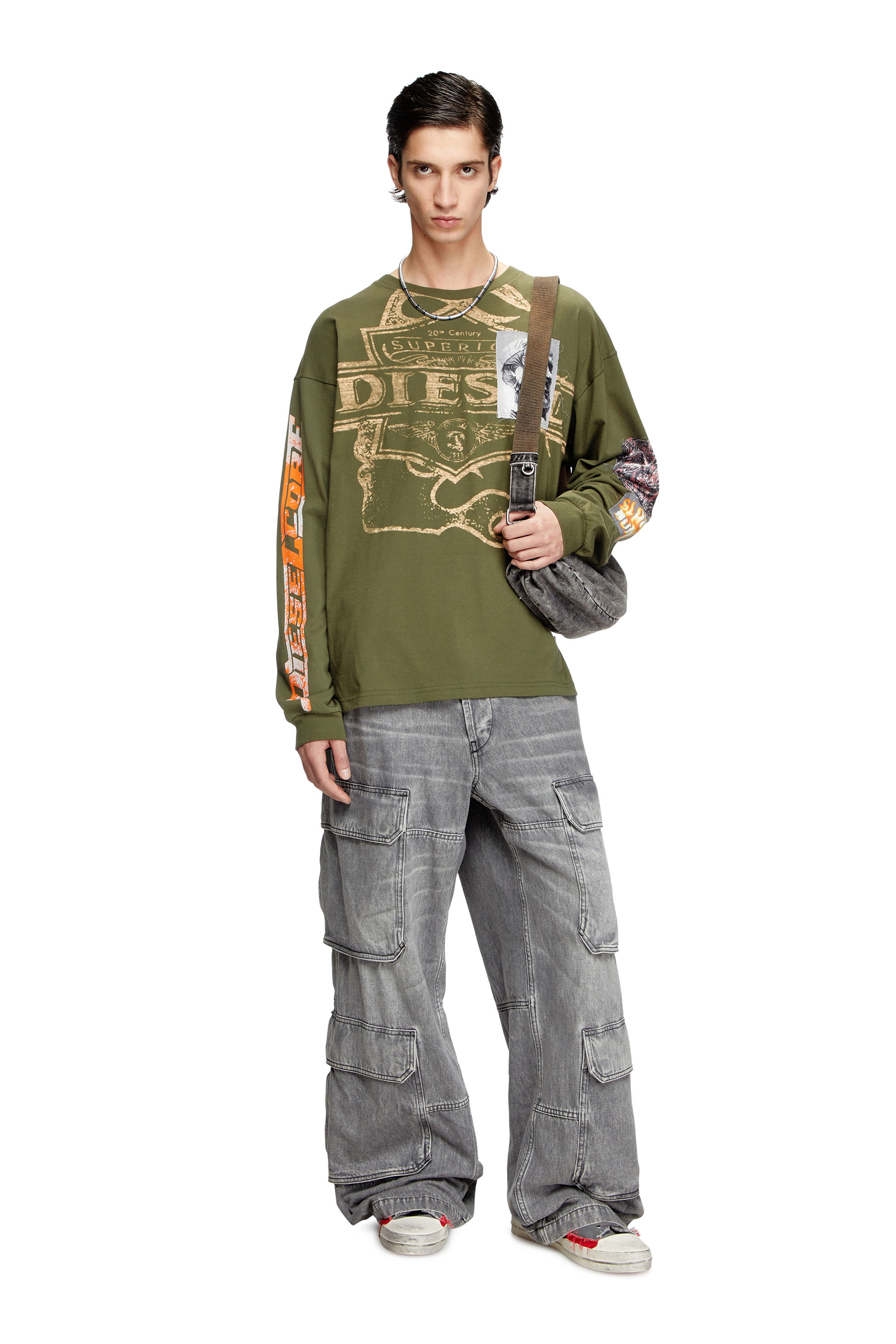 Diesel - T-BOXT-LS-SLITS-R5, Man's Long-sleeve T-shirt with graphic patches in Military Green - 3