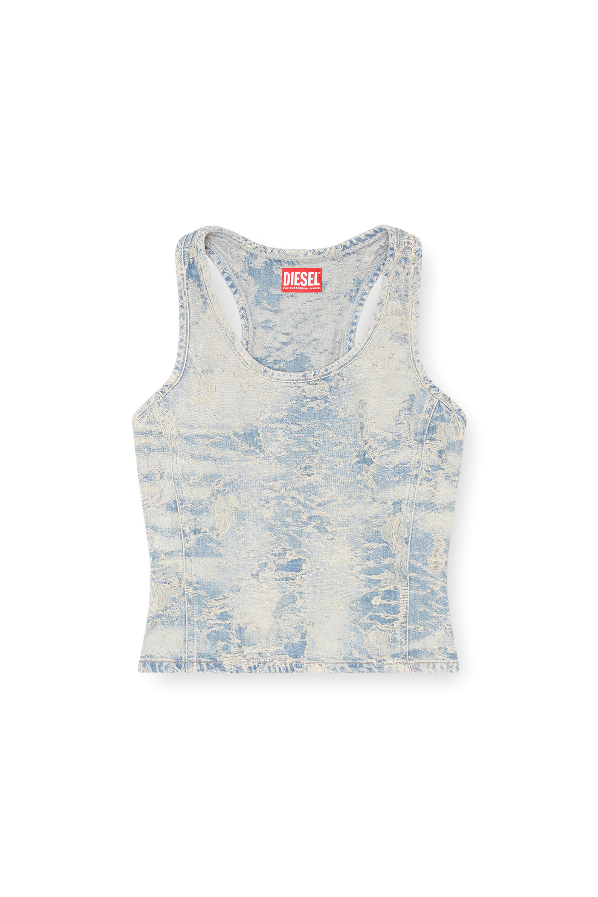 Diesel - DE-NORG-FSF, Camiseta con tirantes de denim en jacquard con efecto de suciedad Mujer in Azul marino - 5