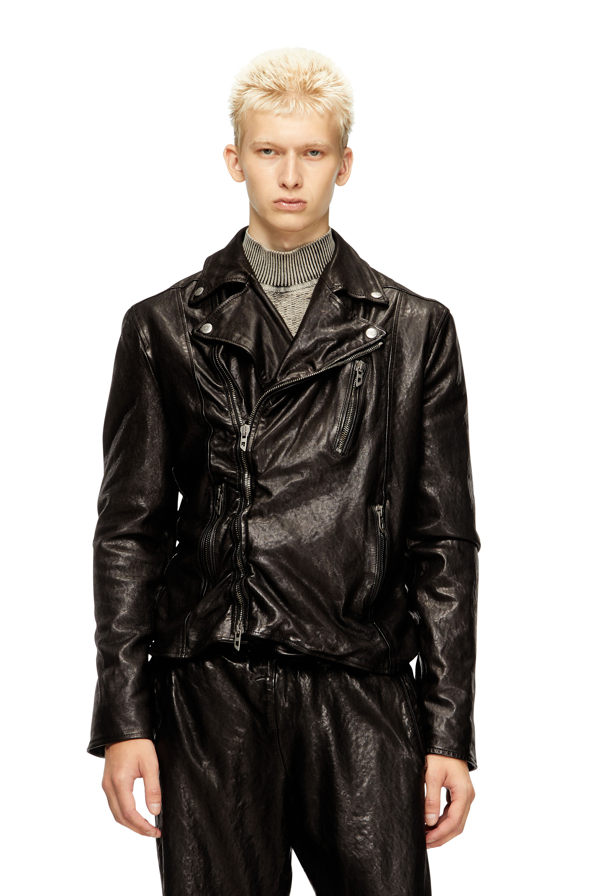 Diesel - L-UNCAN, Chaqueta biker de cuero hervido Hombre in Negro - 1