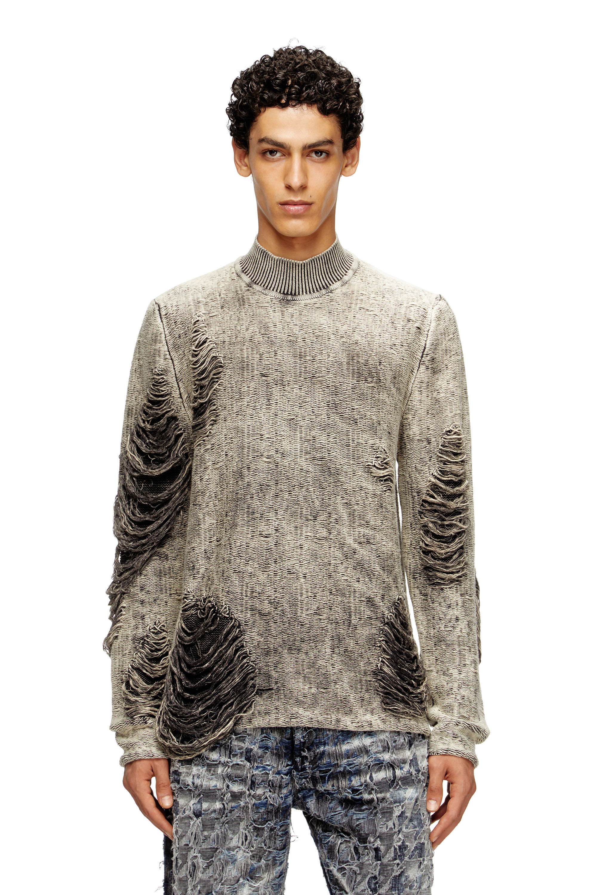 Diesel - K-FJORDI, Man's Destroyed jumper with floating yarns in Grey - 1