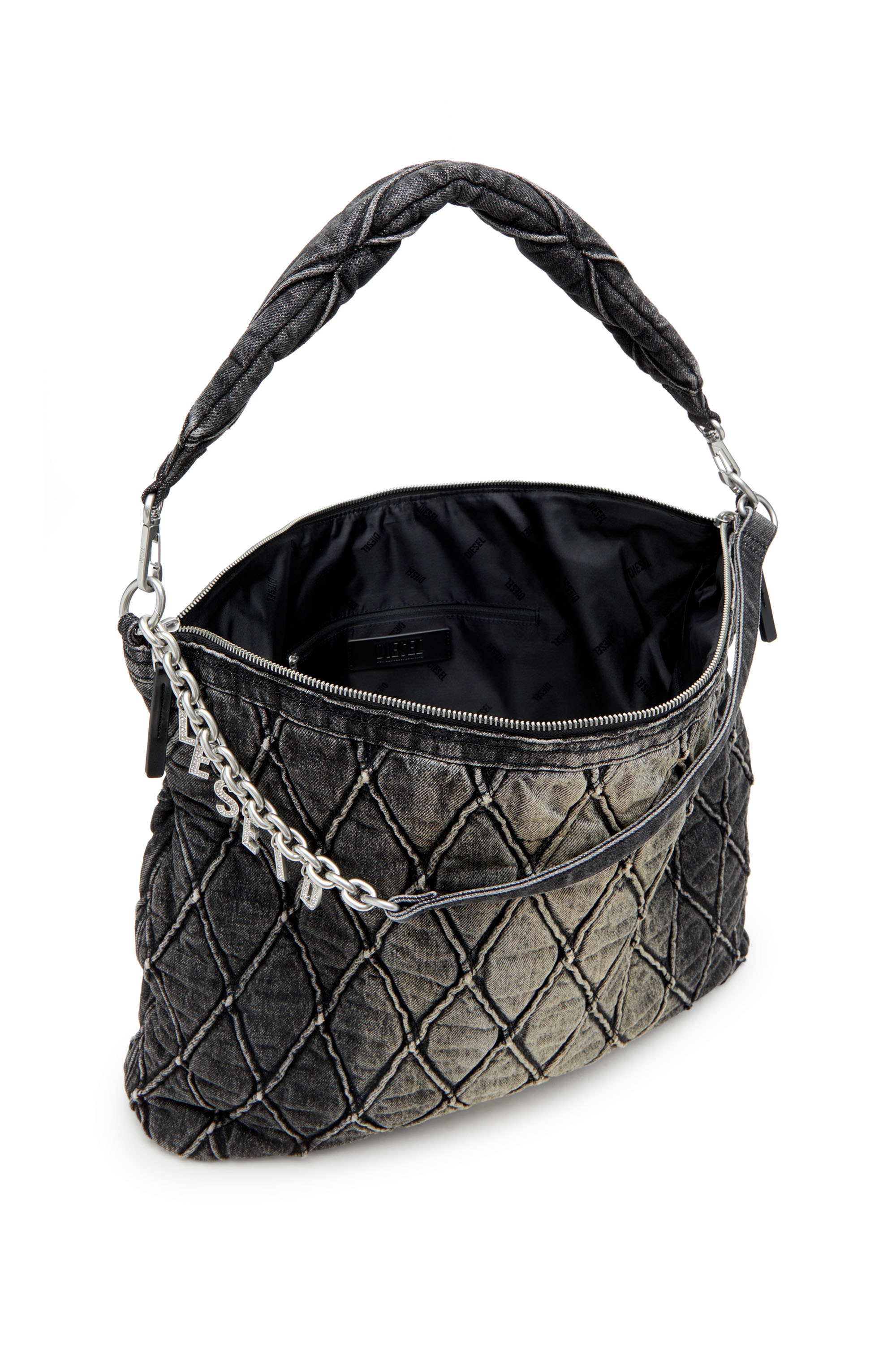 Diesel - CHARM-D HOBO, Charm-D-Bolso hobo grande en denim acolchado tratado Mujer in Negro - 4