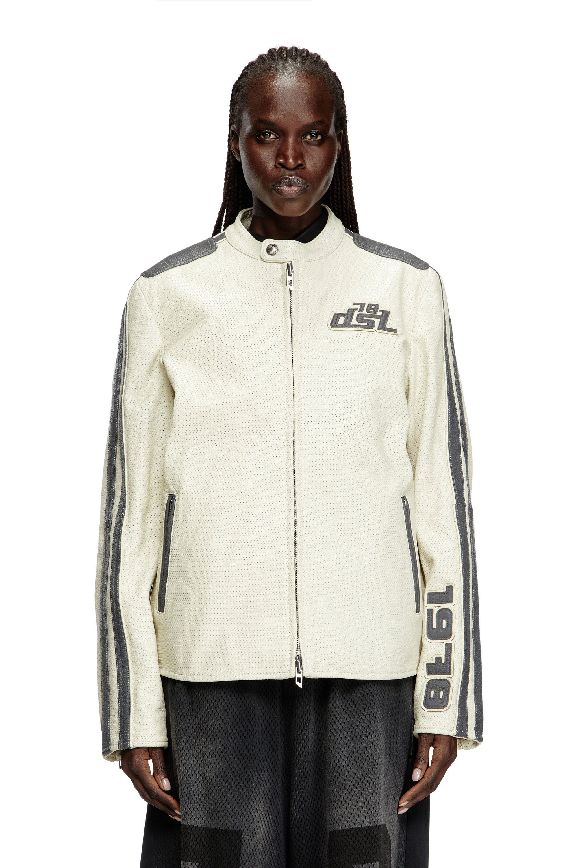 Diesel - L-POP, Chaqueta de motorista de cuero perforado Unisex in Blanco - 5